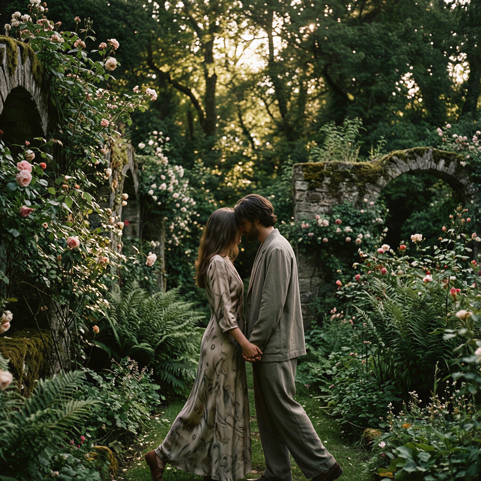 Vogue editorial style, couple strolling through a lush, overgrown secret garden, soft dappled sunlight filtering through dense foliage, romantic and slightly melancholic mood, vintage silk attire, overgrown florals and stone architecture, intimate side profile composition, high-detail texture, cinematic fine art photography