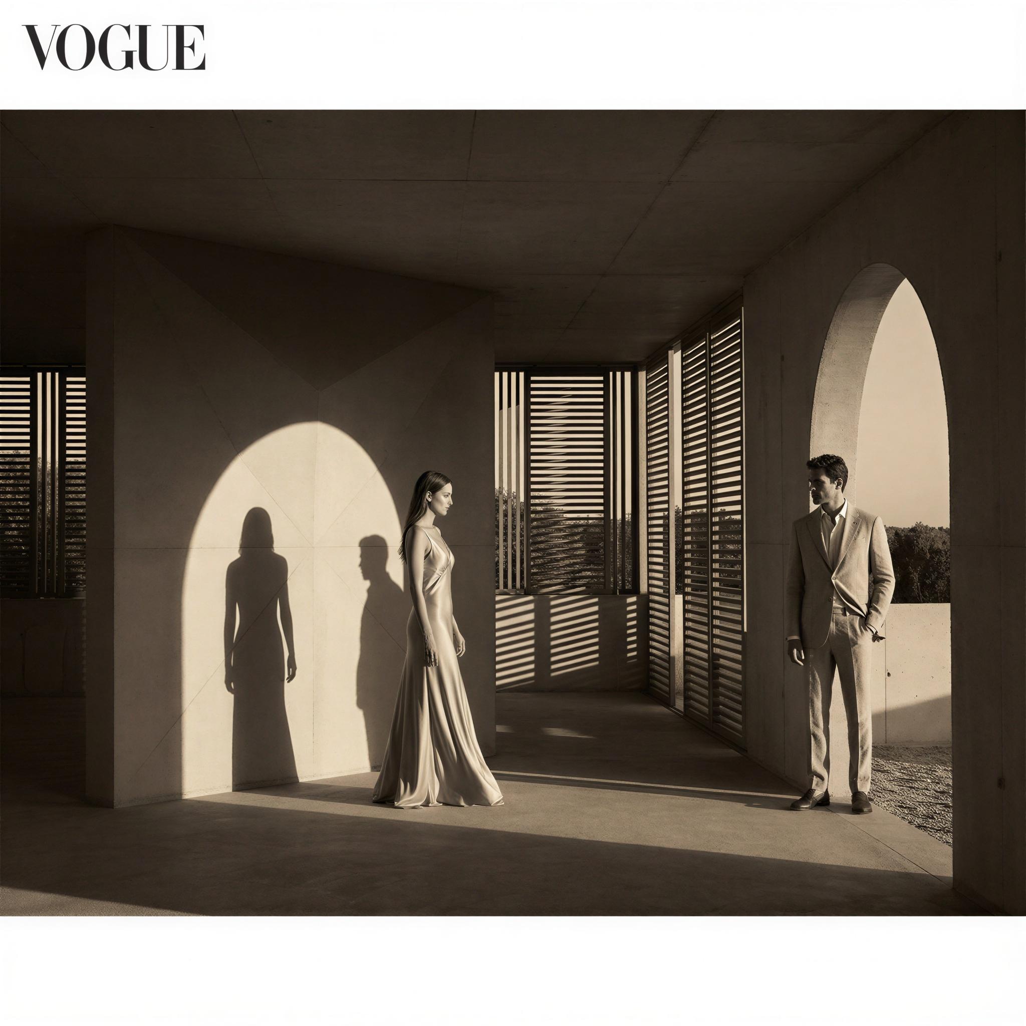 Vogue editorial style, couple in open architectural setting, intense diffused golden hour sunlight creating long dramatic shadows, elegant stylish attire, sophisticated romantic tension, confident poses, minimalist backdrop emphasizing form, high contrast fine art photography, magazine spread quality