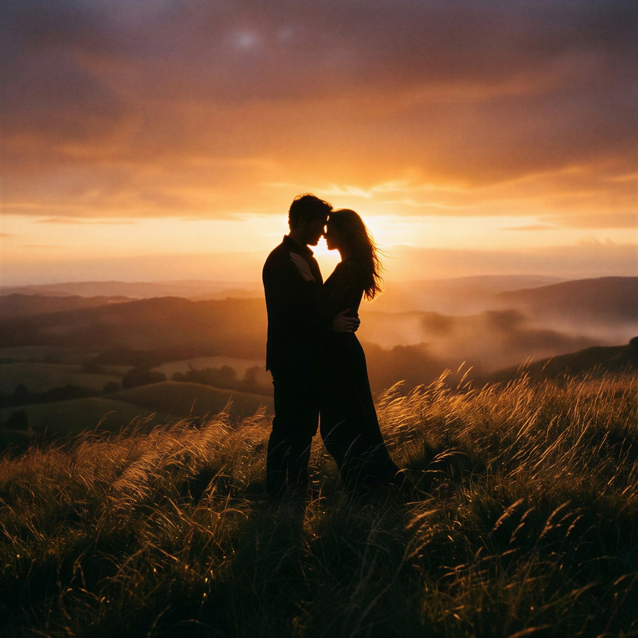Vogue editorial style, couple silhouette against vibrant golden hour sky on an open hillside, dramatic rim lighting emphasizing contours, soft hazy atmosphere, intimate connection, sweeping landscape composition, high dynamic range, ultra-detailed texture, romantic cinematic quality photography