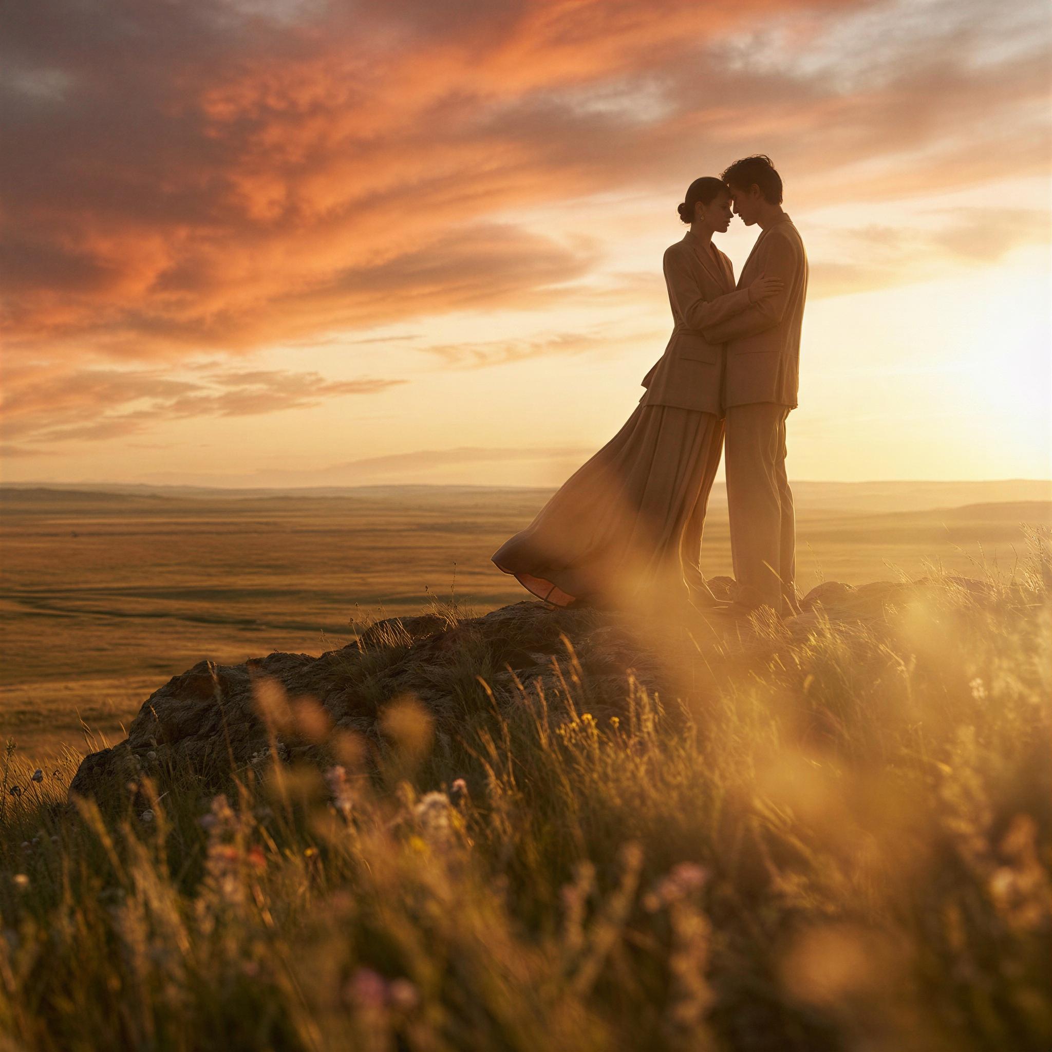 Vogue editorial style, couple silhouetted against dramatic sky during golden hour, ethereal warm backlight, vast open landscape setting, romantic emotional connection, peaceful serene mood, low angle wide shot emphasizing scale, shallow depth of field, ultra-high resolution fashion photography