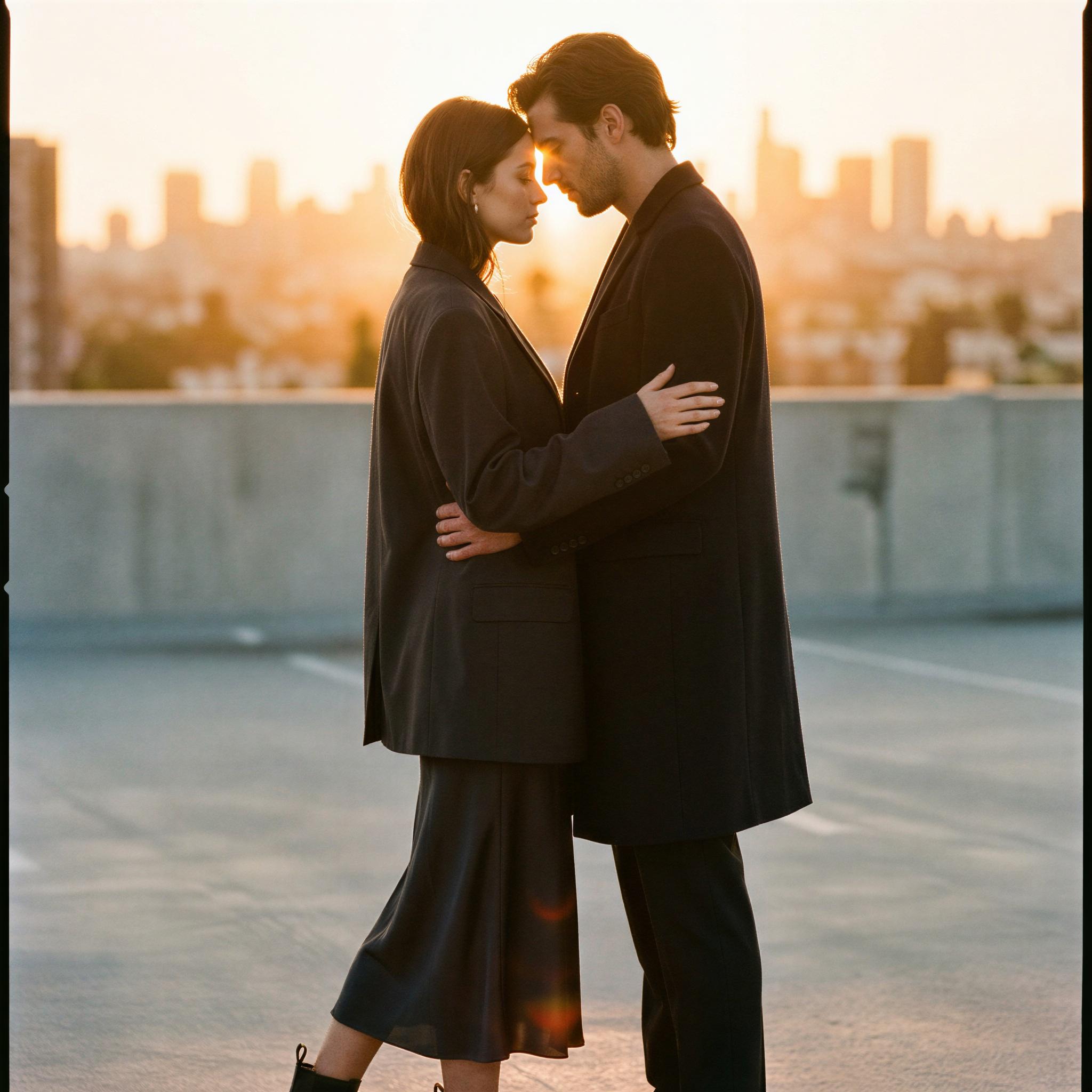 Vogue editorial style, couple sharing an intimate moment during vibrant golden hour on a minimalist rooftop, soft directional sunlight emphasizing silhouettes, confident and tender mood, urban skyline backdrop blurred, shallow depth of field, high-fashion editorial framing, cinematic quality photography