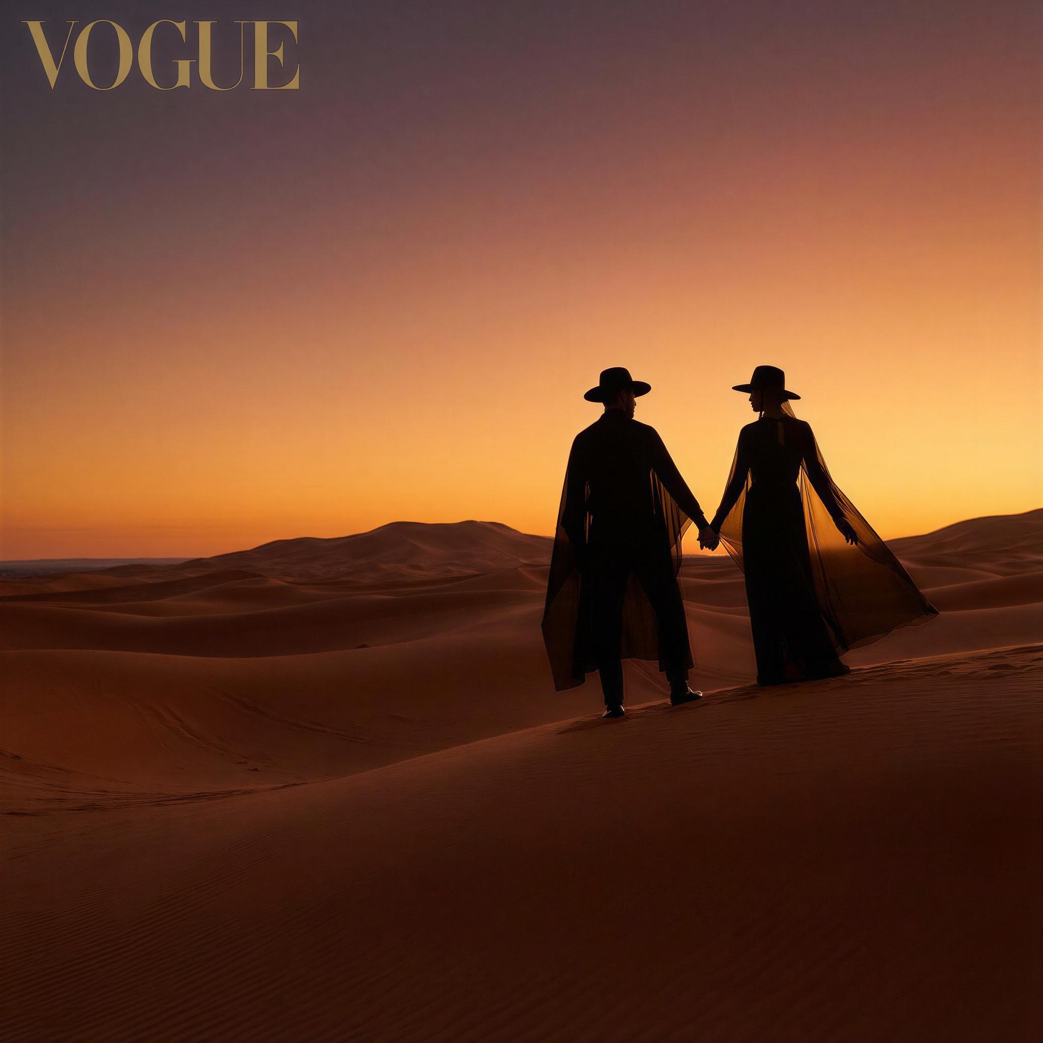 Vogue editorial style, couple silhouette against vibrant golden hour sky on a vast desert landscape, rim lighting emphasizing contours, serene and deeply romantic mood, vast sweeping composition, intimate connection, high-resolution texture mapping, sophisticated travel fashion photography