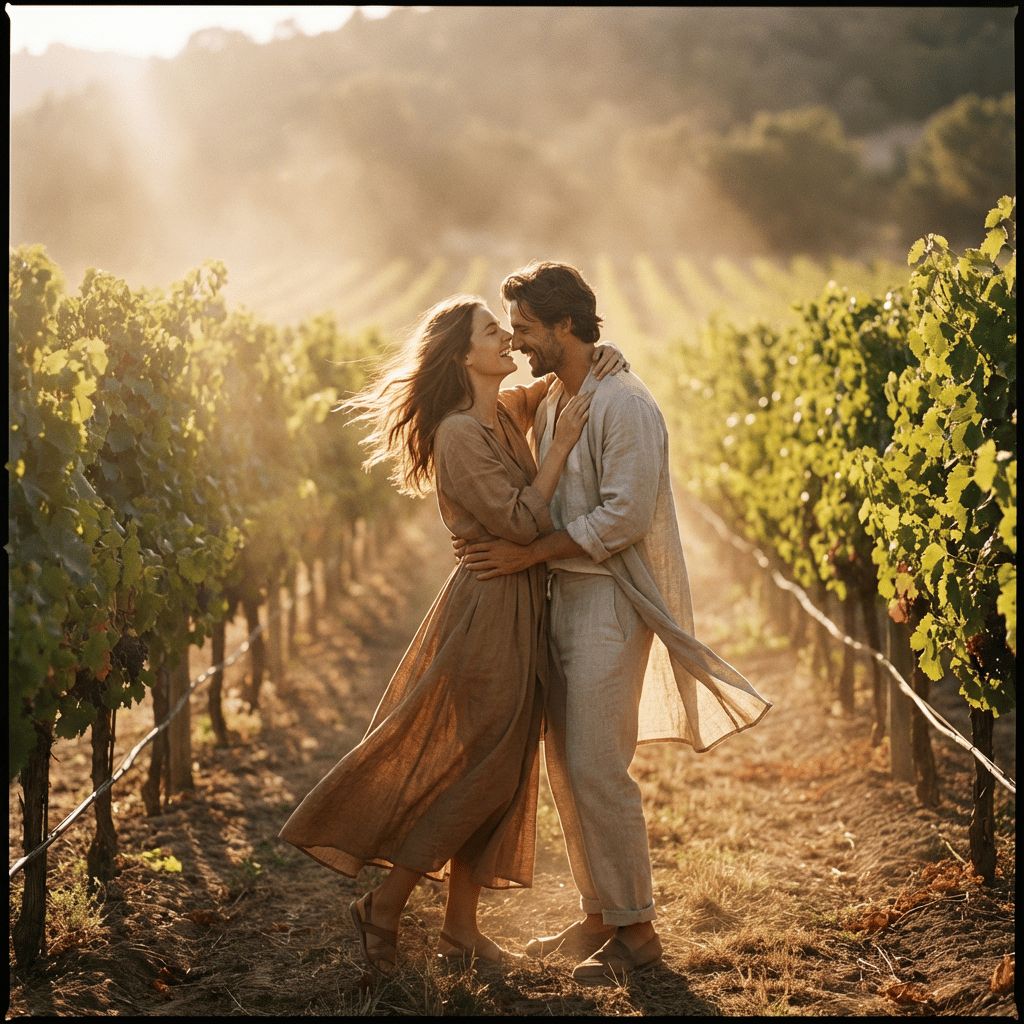 Vogue editorial style capturing a loving couple during golden hour, soft sun flare illuminating ethereal haze, rustic vineyard setting with gentle breeze, intimate emotional connection, high contrast lighting painting soft shadows, sweeping wide-angle composition, cinematic texture, high-resolution fashion photography