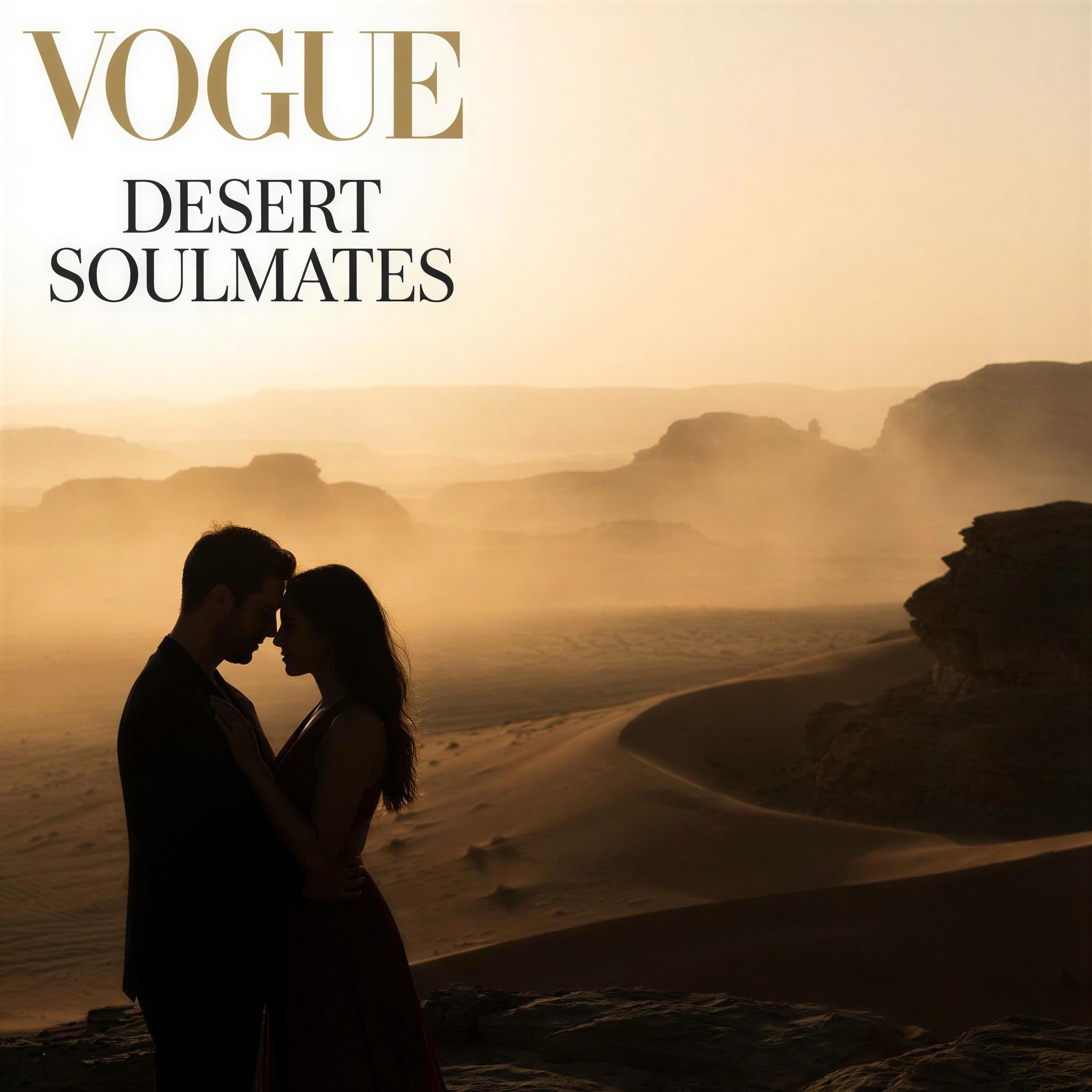 Vogue editorial style, intimate couple silhouette against a vast desert landscape, vibrant golden hour sunlight casting long shadows, atmospheric haze, profound connection and tender affection, wide-angle framing emphasizing scale, high dynamic range, cinematic color grading, elegant mood, magazine quality photography