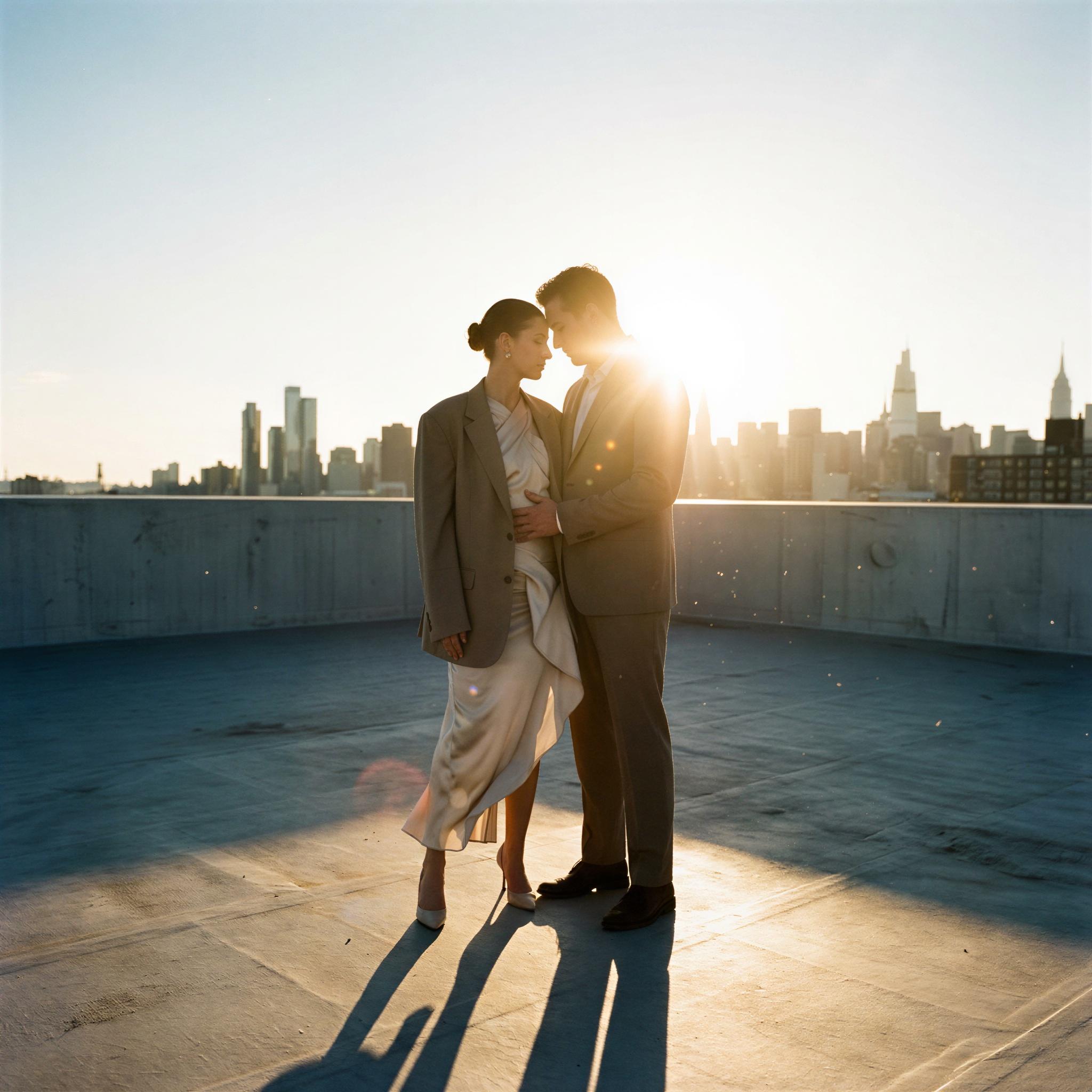 Vogue editorial style, couple captured during intense golden hour light on a minimalist rooftop, deeply romantic and intimate mood, strong lens flare and hazy atmosphere, high-contrast shadows defining form, sophisticated metropolitan backdrop, fashion-forward posing, cinematic wide-angle composition, ultra-detailed Hasselblad quality