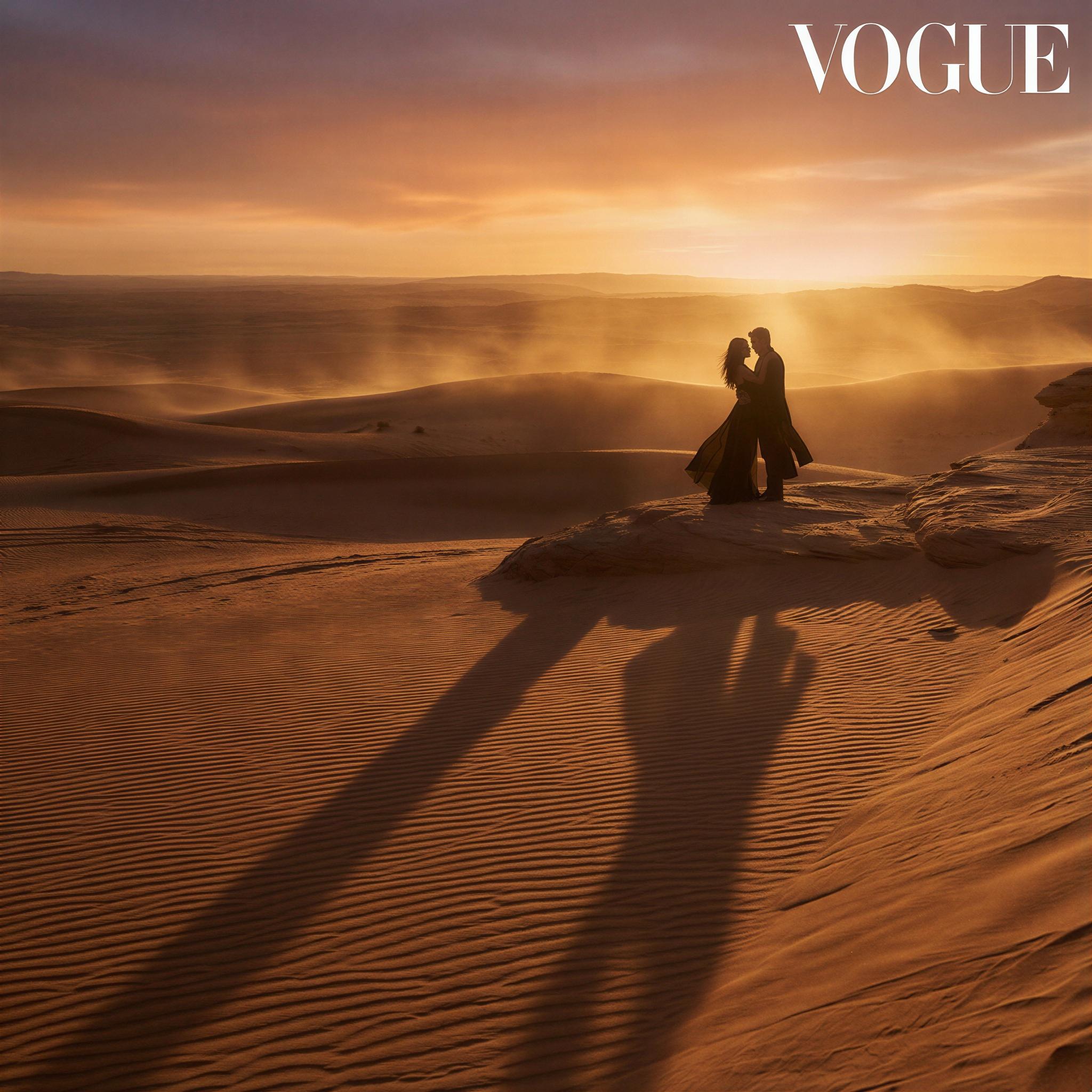 Vogue editorial style, couple silhouetted against an expansive desert landscape during peak golden hour, rich directional sunlight creating long, dramatic shadows, atmosphere of passionate connection and serenity, wide-angle composition capturing scale, cinematic color grading, high-resolution professional lookbook shot