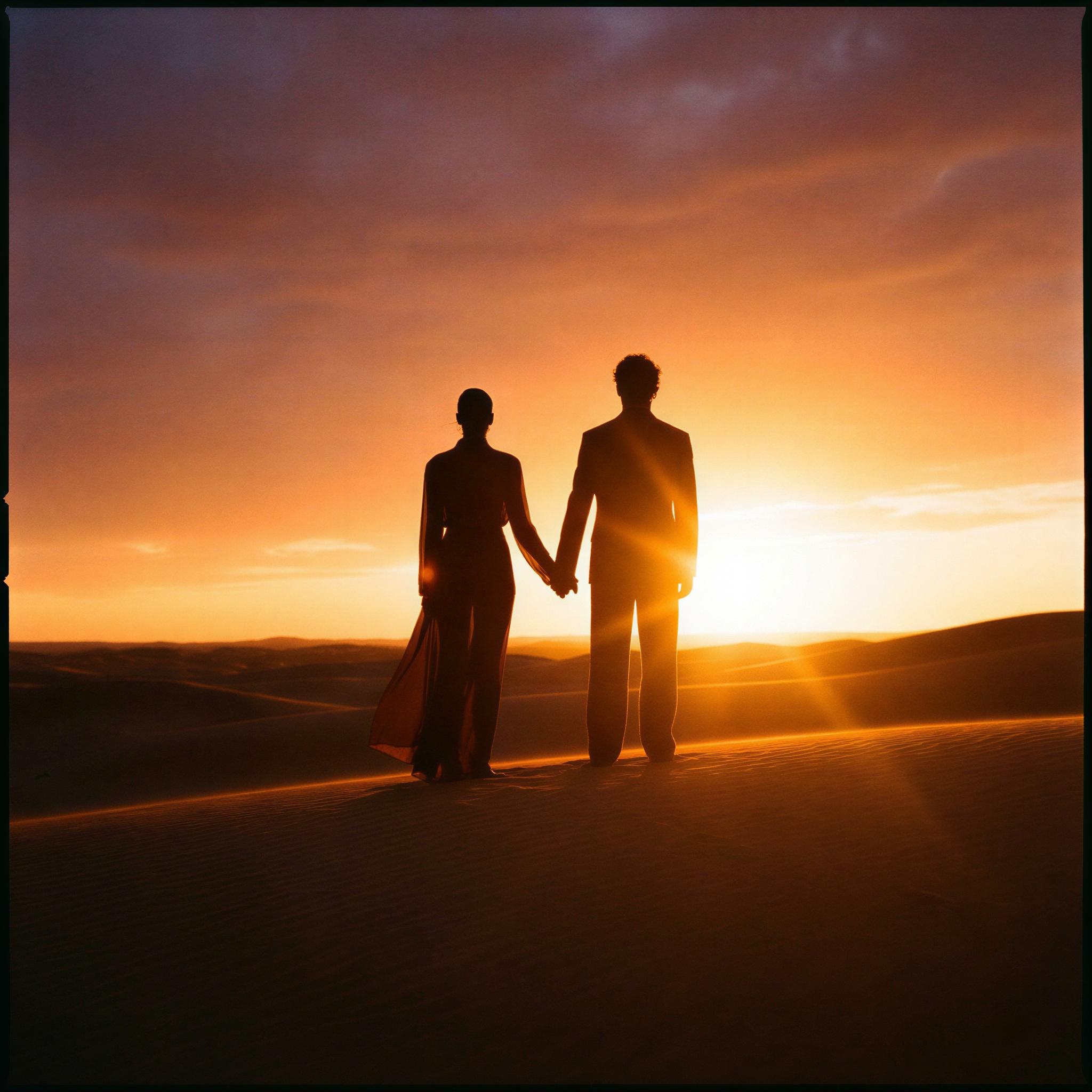 Vogue editorial style, couple silhouette against setting sun on minimalist desert landscape, intense golden hour backlighting creating dramatic rim light, romantic and serene mood, wide-angle composition emphasizing vastness, cinematic color grading, high-resolution professional photography