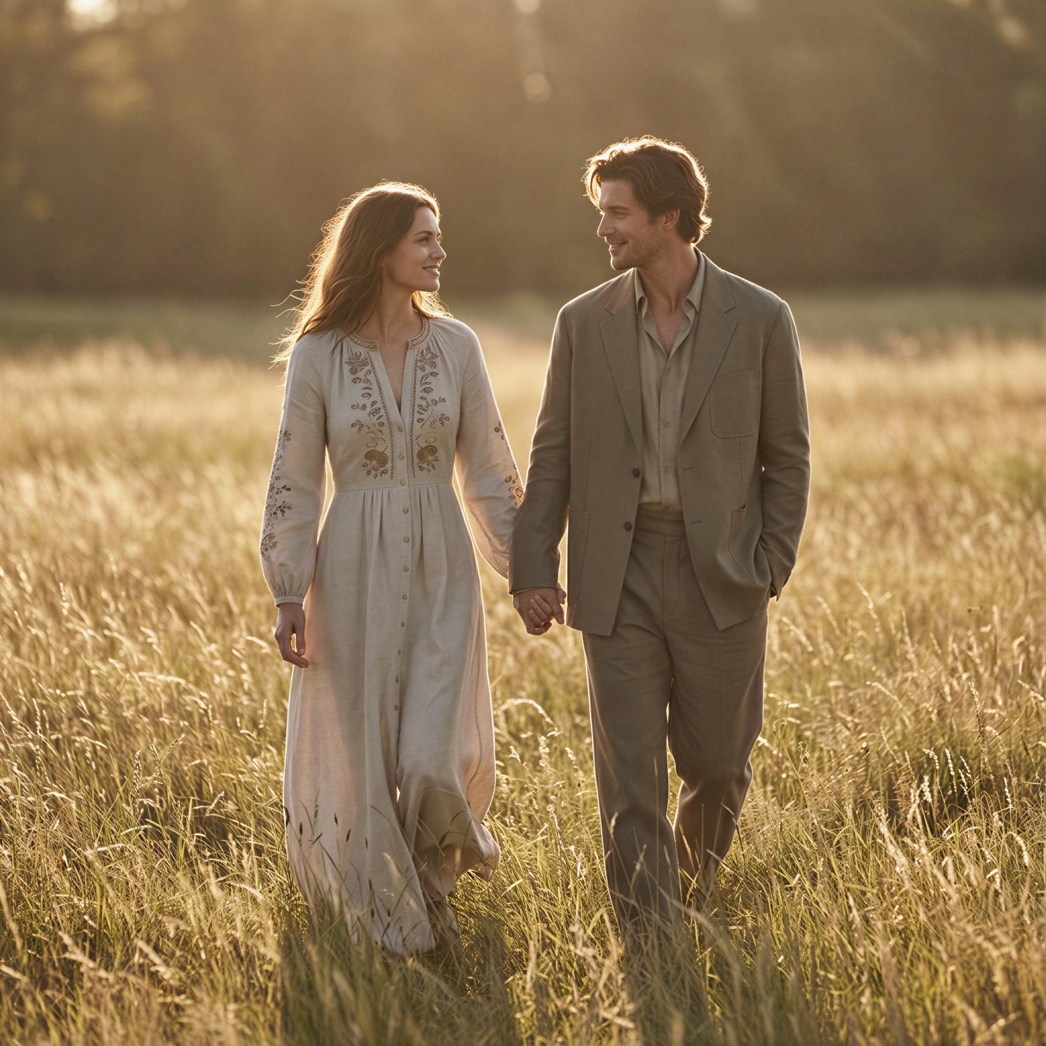 Vogue editorial style, couple walking through a sun-drenched field during golden hour, soft backlighting creating rim light, romantic intimate connection, tall grass swaying, cinematic and painterly quality, high fashion aesthetic, warm emotional tone, wide-angle composition, ultra-high resolution professional photography