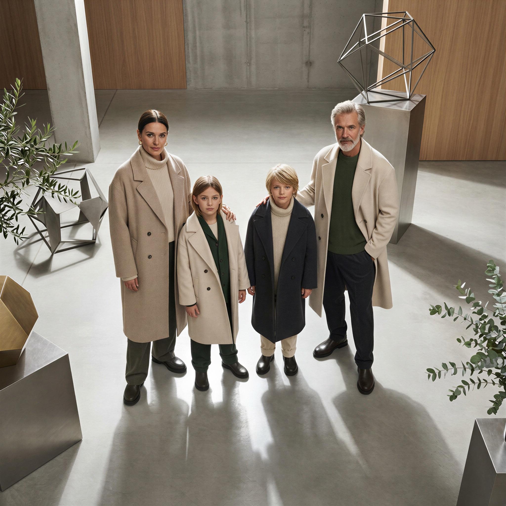 Vogue editorial style family grouping, modern minimalist holiday setting with architectural elements, sharp crisp overhead studio lighting creating defined shapes, confident and unified presence, neutral color palette with seasonal accents, strong graphic composition, high-end fashion lookbook quality, elegant and contemporary family portraiture