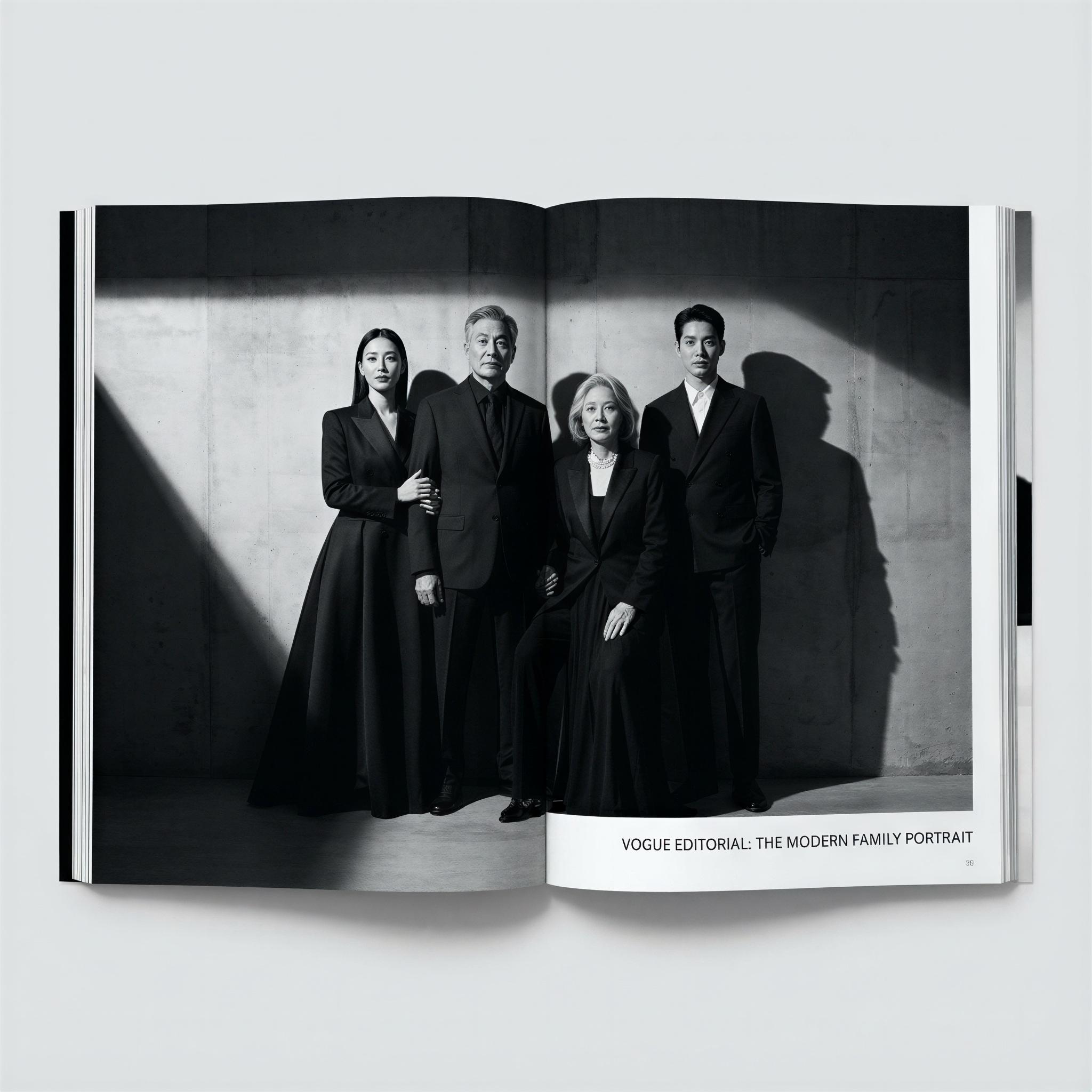 Vogue editorial style, family group against a minimalist backdrop with dramatic monochromatic lighting, elegant formal wear, confident and unified stance, high contrast, architectural studio setting, sophisticated and modern family portraiture, crisp focus, magazine quality fashion spread aesthetic
