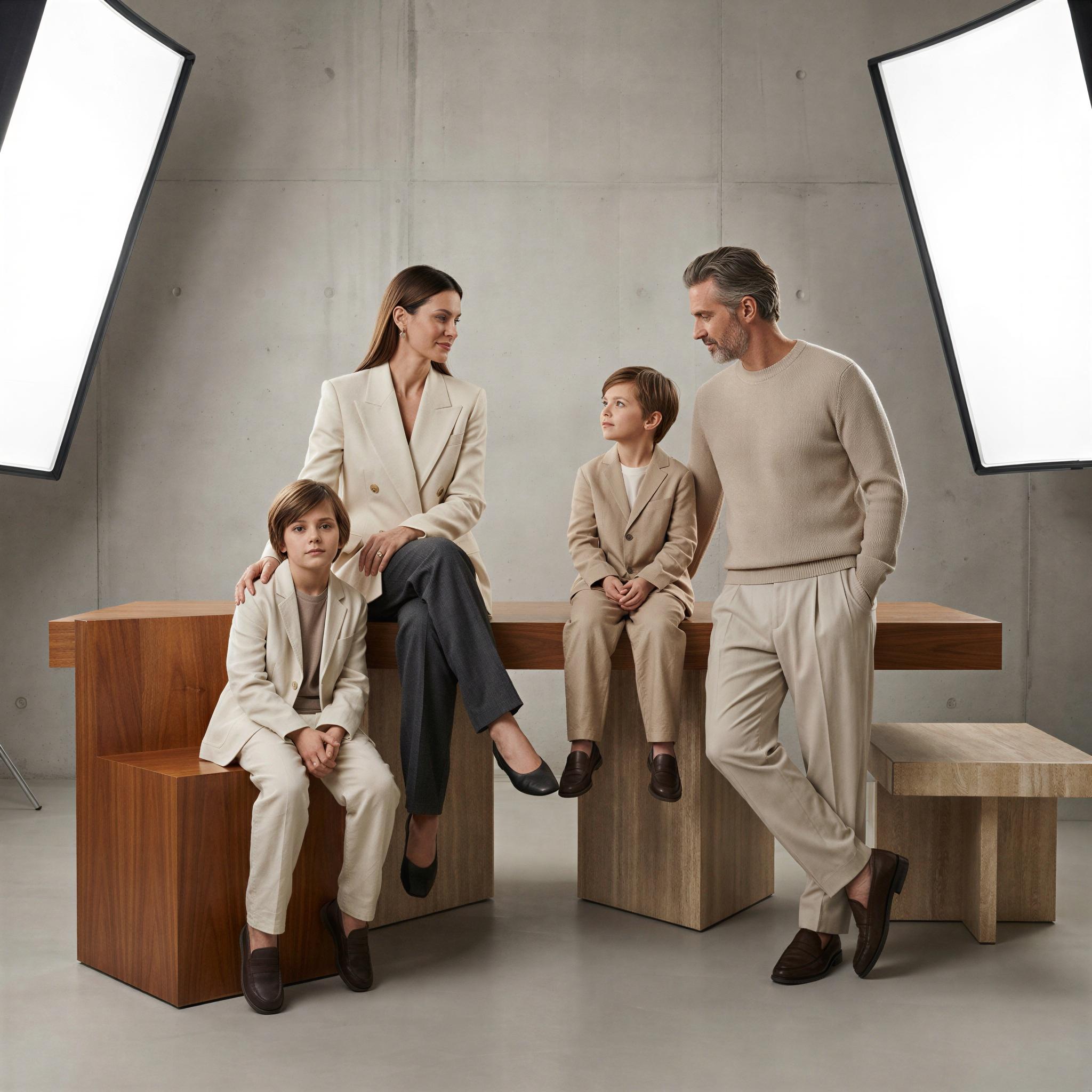 Vogue editorial style family session, modernist minimalist studio space, sharp high-key studio lighting emphasizing fabric texture, elegant coordinated attire, serene and confident mood, layered composition creating depth, high-end luxury lookbook quality, capturing familial connection