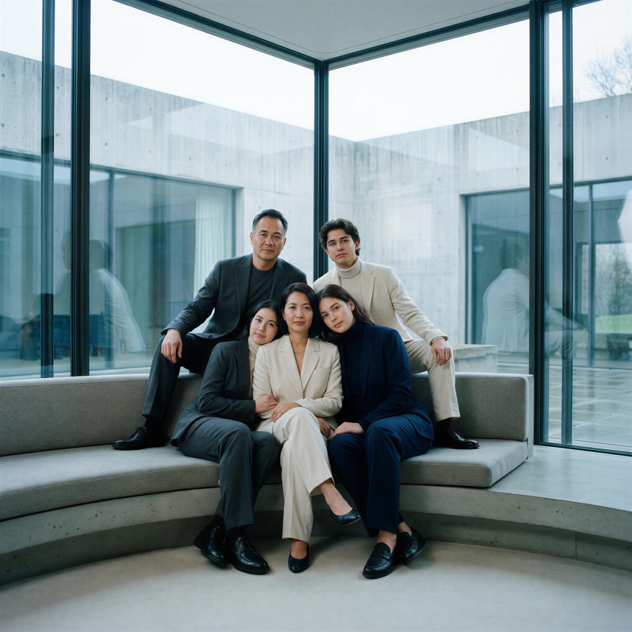 Vogue editorial style family group session, minimalist modern architecture setting, cool diffused natural light from large windows, confident and unified posing, sharp focus, clean lines, elegant monochromatic wardrobe, quiet sophisticated atmosphere, high-fashion portraiture, clean composition