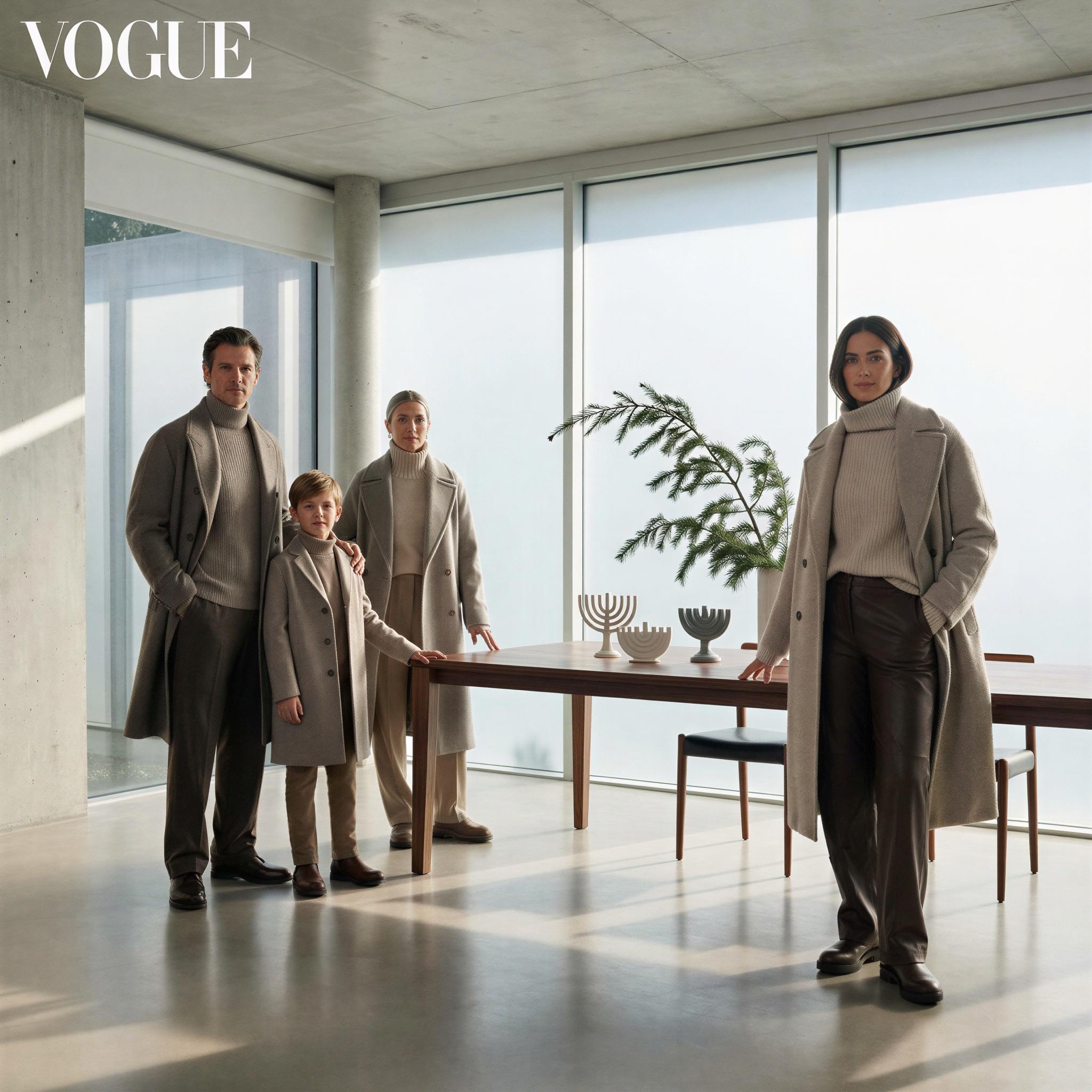Vogue editorial style, stylish family group celebrating sophisticated winter holiday, minimalist modern architecture setting, diffused soft window light creating clean shadows, elegant coordinated winter attire, confident and serene mood, wide-angle composition emphasizing high-fashion textiles, crisp editorial photography quality