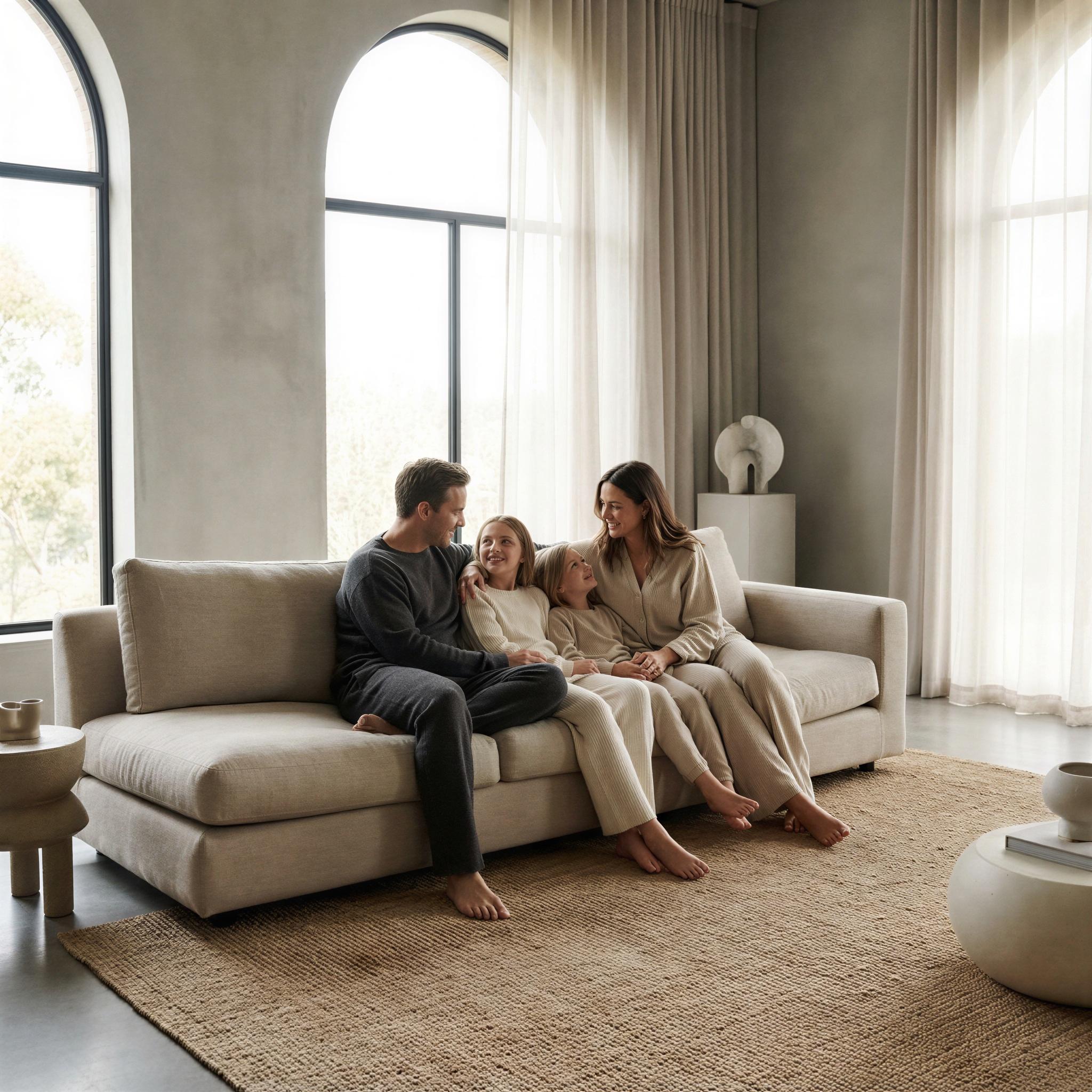 Vogue editorial style family group session, modern minimalist living room setting, diffused soft window light creating gentle highlights, calm and connected atmosphere, sophisticated neutral tones, relaxed yet elegant posing, high dynamic range, cinematic quality, clean composition, modern interior lookbook