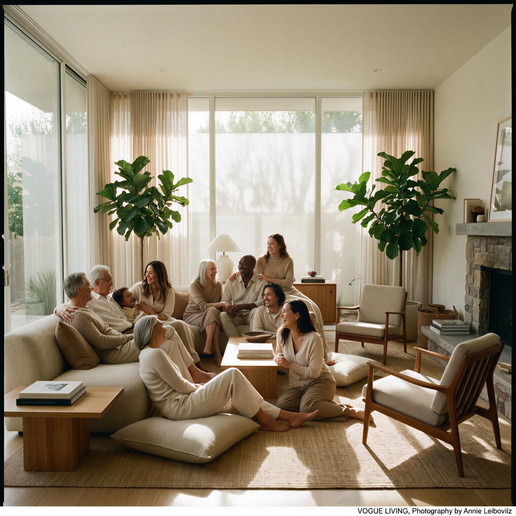 Vogue editorial style, expansive bright living room setting, diffused soft window light creating gentle shadows, large family group interaction, relaxed yet stylish casual wear, intimate candid laughter, contemporary modern interior design, feeling of comfort and connection, wide-angle editorial composition, ultra-high resolution photography