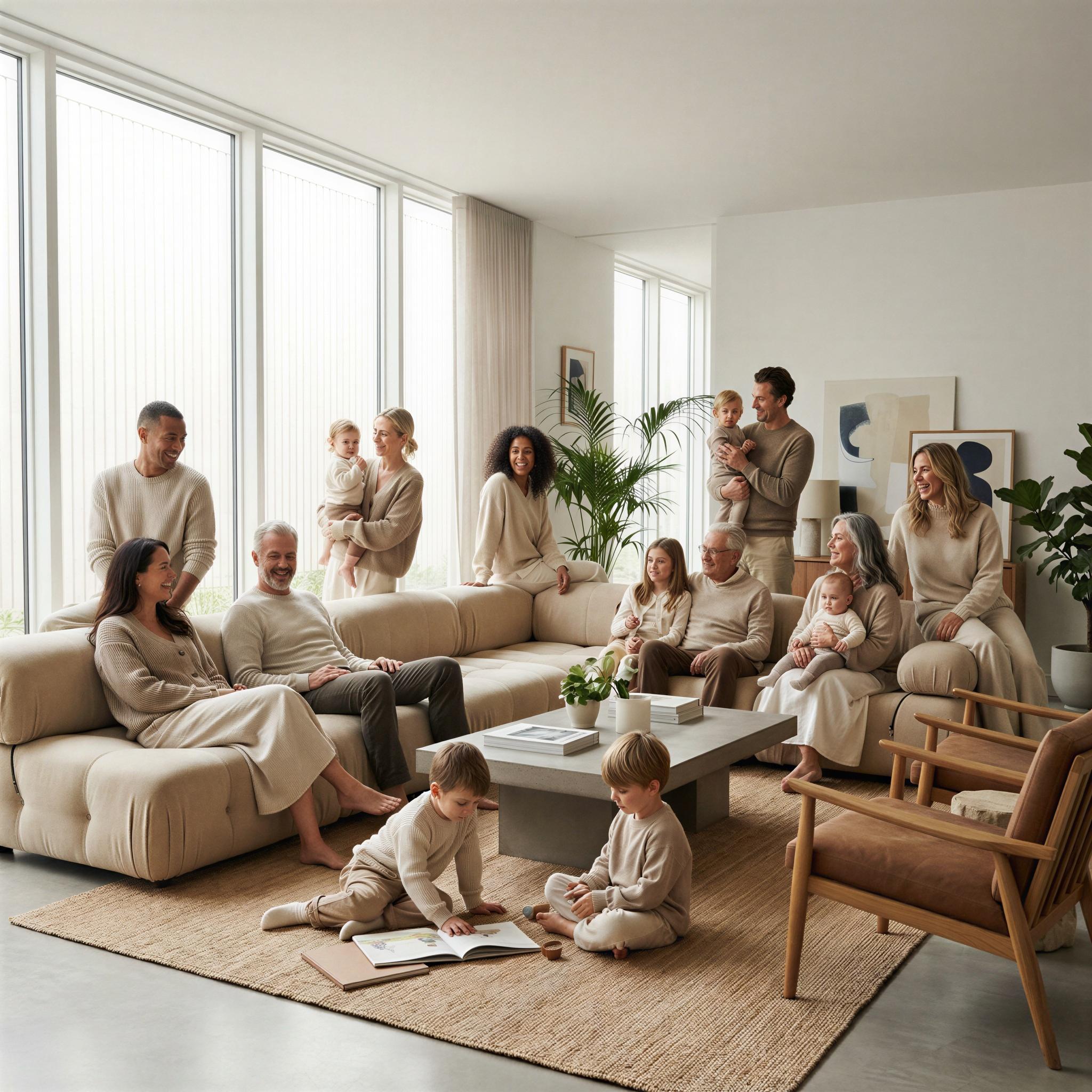 Vogue editorial style, large family group relaxed in a modern minimalist living room, diffused soft window light creating gentle highlights, intimate yet elegant candid interaction, contemporary furniture backdrop, atmosphere of comfortable togetherness, balanced group composition, high-resolution editorial sharpness