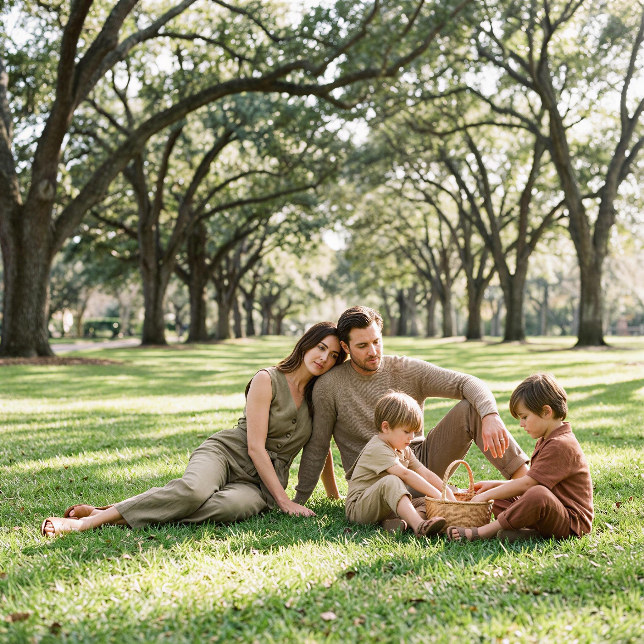 Vogue editorial style, sophisticated family group lounging on a manicured park lawn, diffused afternoon sunlight filtering through mature oak trees, relaxed confident mood, muted earth tone clothing palette, high fashion outdoor setting, clean composition, shallow depth of field, award-winning editorial quality
