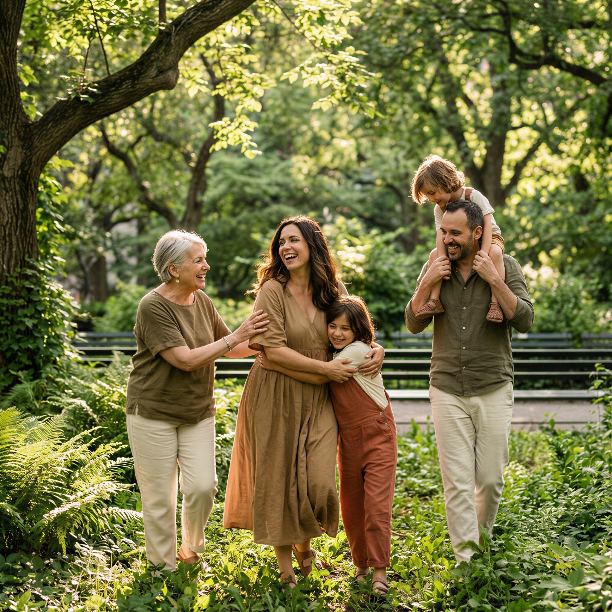 Vogue editorial style, family group posing naturally in lush green urban park setting, soft dappled sunlight filtering through dense canopy, carefree joyful summer mood, rich earthy tones, candid connection between subjects, shallow depth of field, wide-angle composition, high-resolution professional lookbook shot
