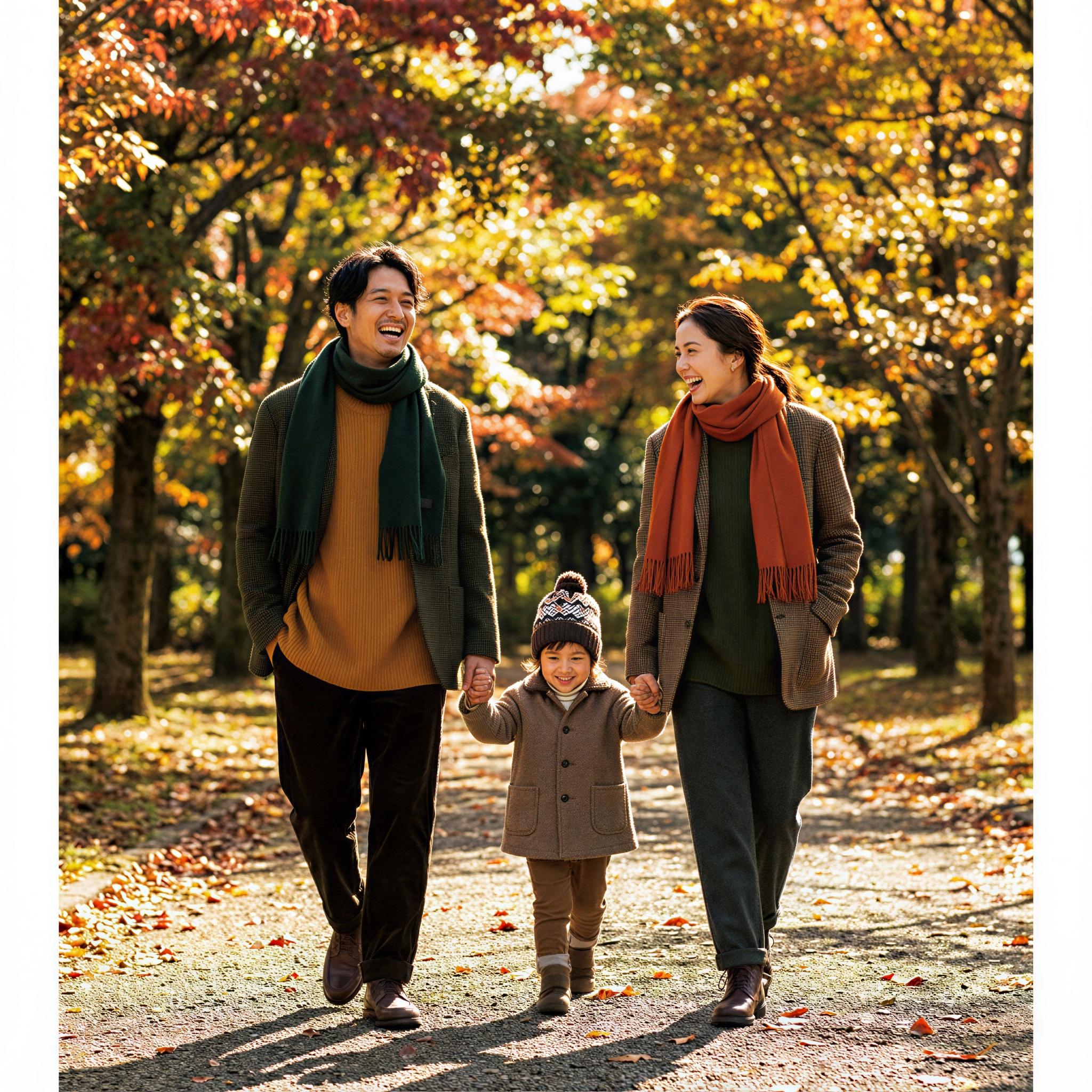 Vogue editorial style, family of three walking through an autumnal park, dappled sunlight filtering through colorful foliage, cozy knitwear and sophisticated layering, carefree joyful movement, natural candid composition, deep saturated colors, elegant outdoor lifestyle photography, crisp fall atmosphere