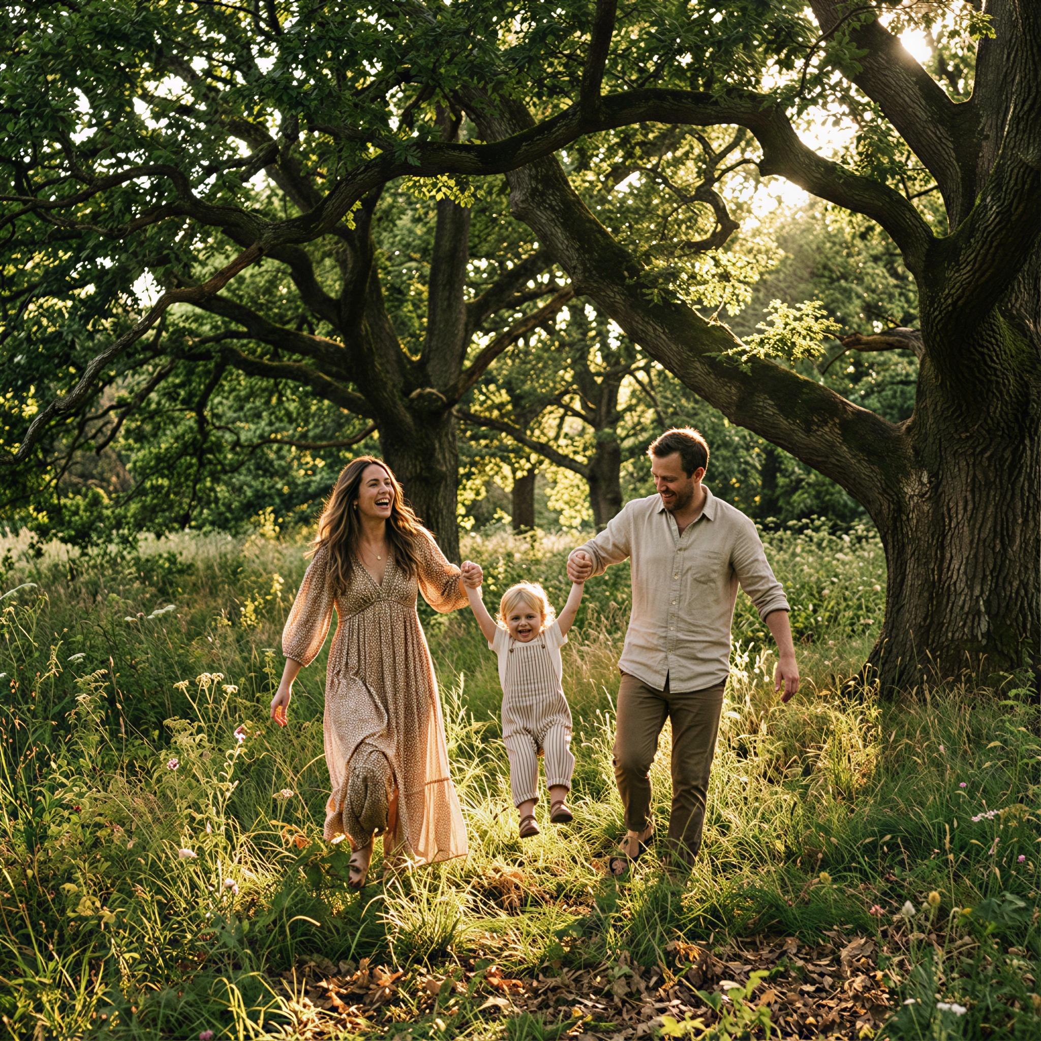 Vogue editorial style, family trio enjoying dappled sunlight beneath ancient oak trees in a lush green park, vibrant summer atmosphere, playful and energetic mood, composition emphasizing connection and movement, high-fashion natural tones, professional outdoor portraiture, sharp focus, vibrant color grading