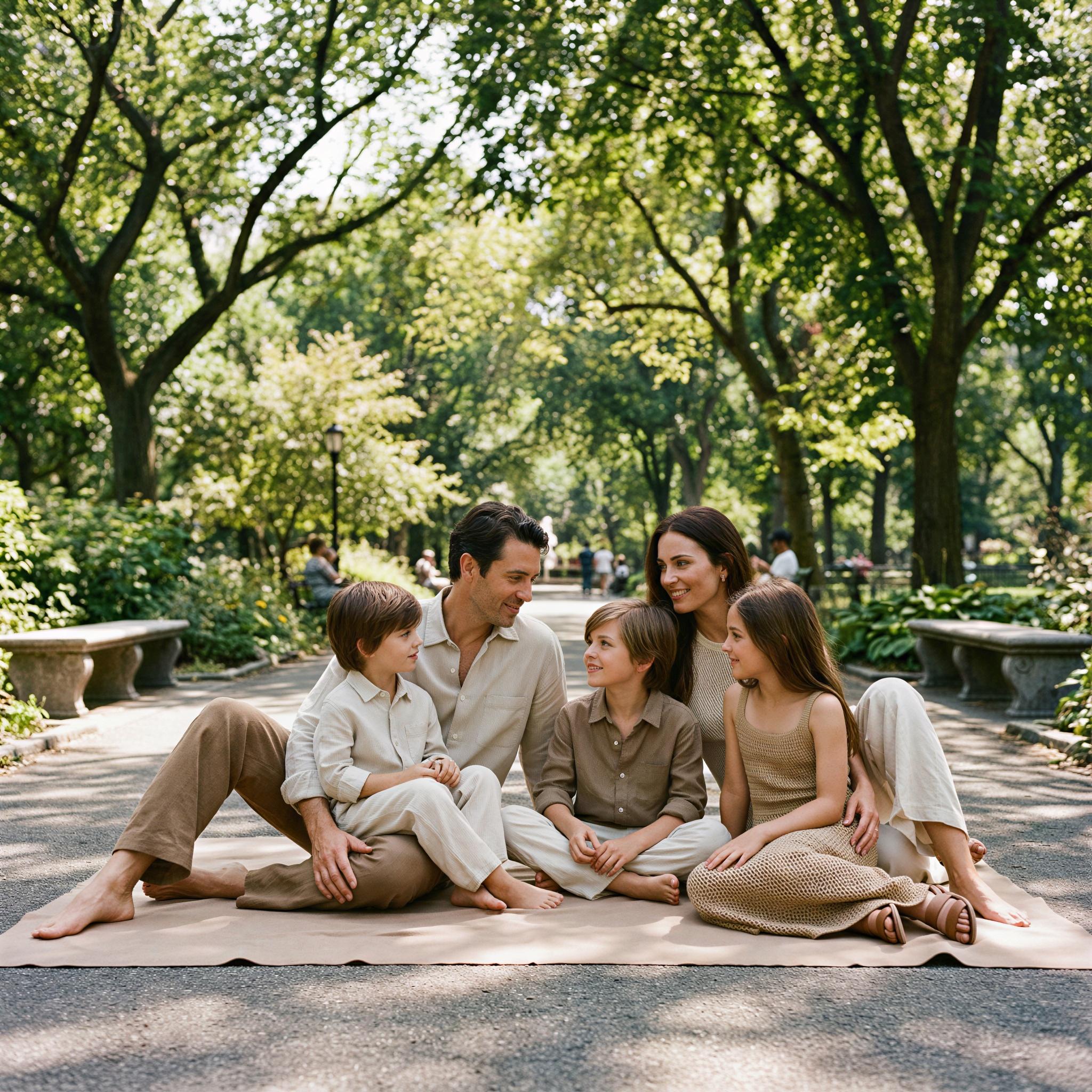 Vogue editorial style family session, sun-drenched public park setting, dappled forest light filtering through leaves, feeling of serene togetherness, sophisticated casual attire, low angle wide shot capturing natural interaction, vibrant summer greens, quiet confident mood, editorial depth of field, high-resolution photography