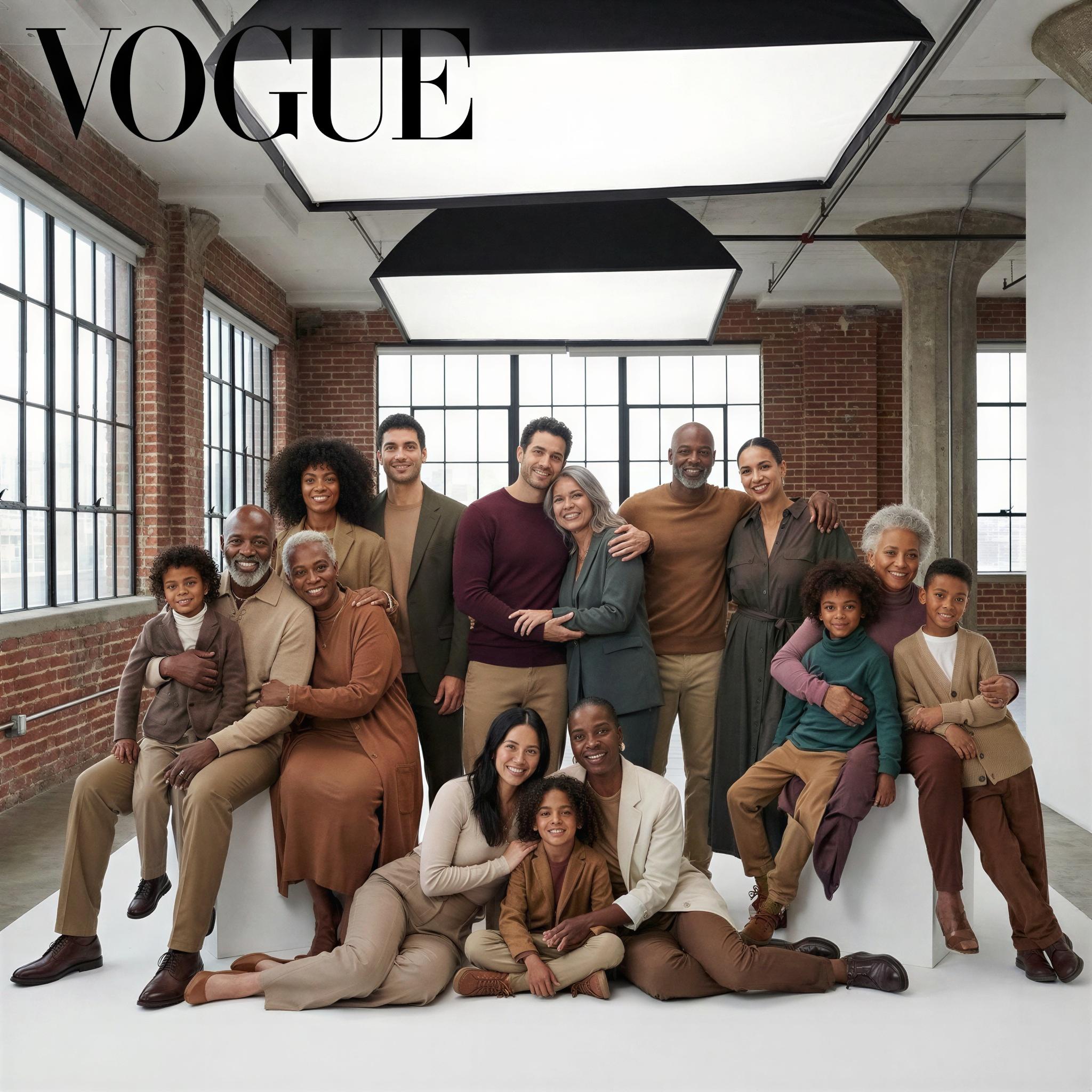 Vogue editorial style family reunion photo, expansive modern loft studio, crisp overhead softbox lighting creating even illumination, sophisticated contemporary setting, confident and connected group composition, vibrant yet muted color palette, showing generational unity, high-fashion relaxed posing, magazine-quality sharpness and detail.