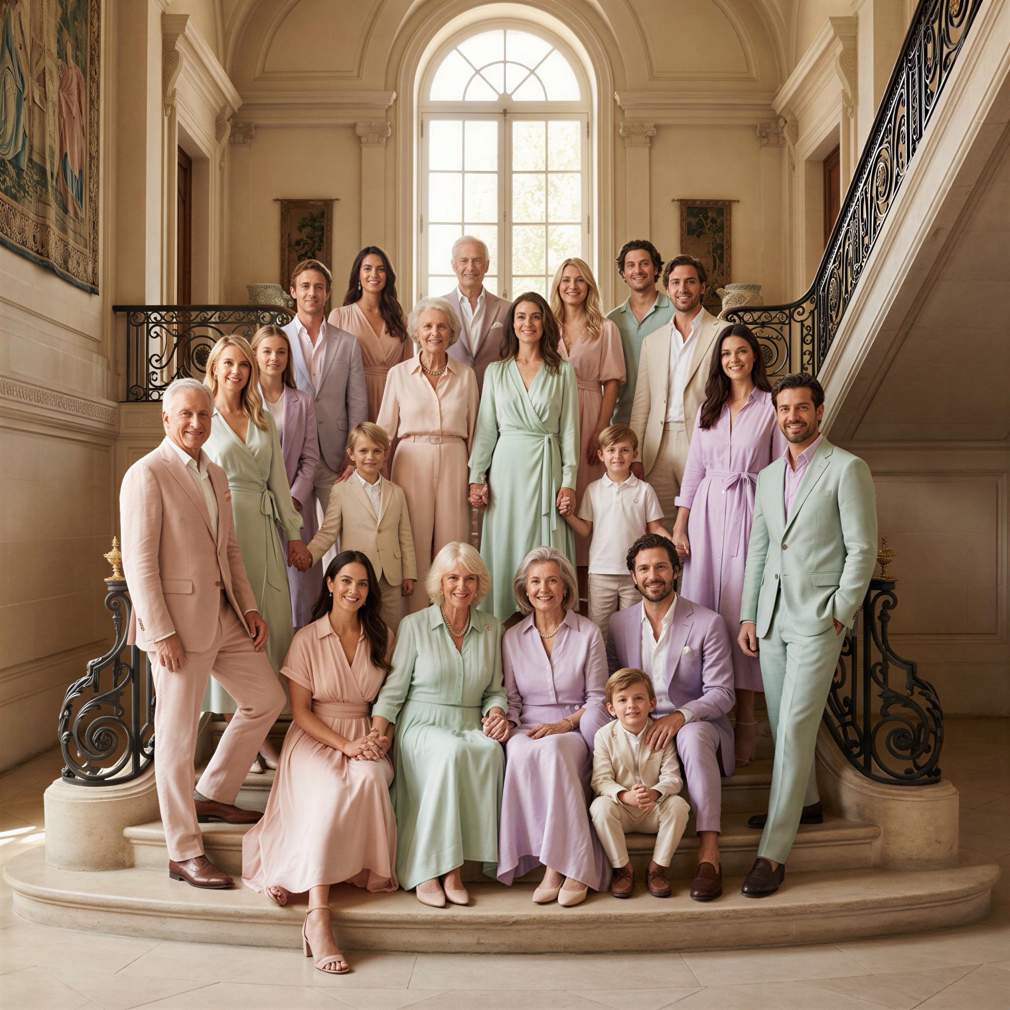 Vogue editorial style, large family group gathered on grand staircase, soft diffused natural window light creating gentle shadows, elegant and welcoming atmosphere, sophisticated coordinated pastel attire, sense of legacy and connection, elevated architectural background, formal composition, high-resolution magazine quality photograph
