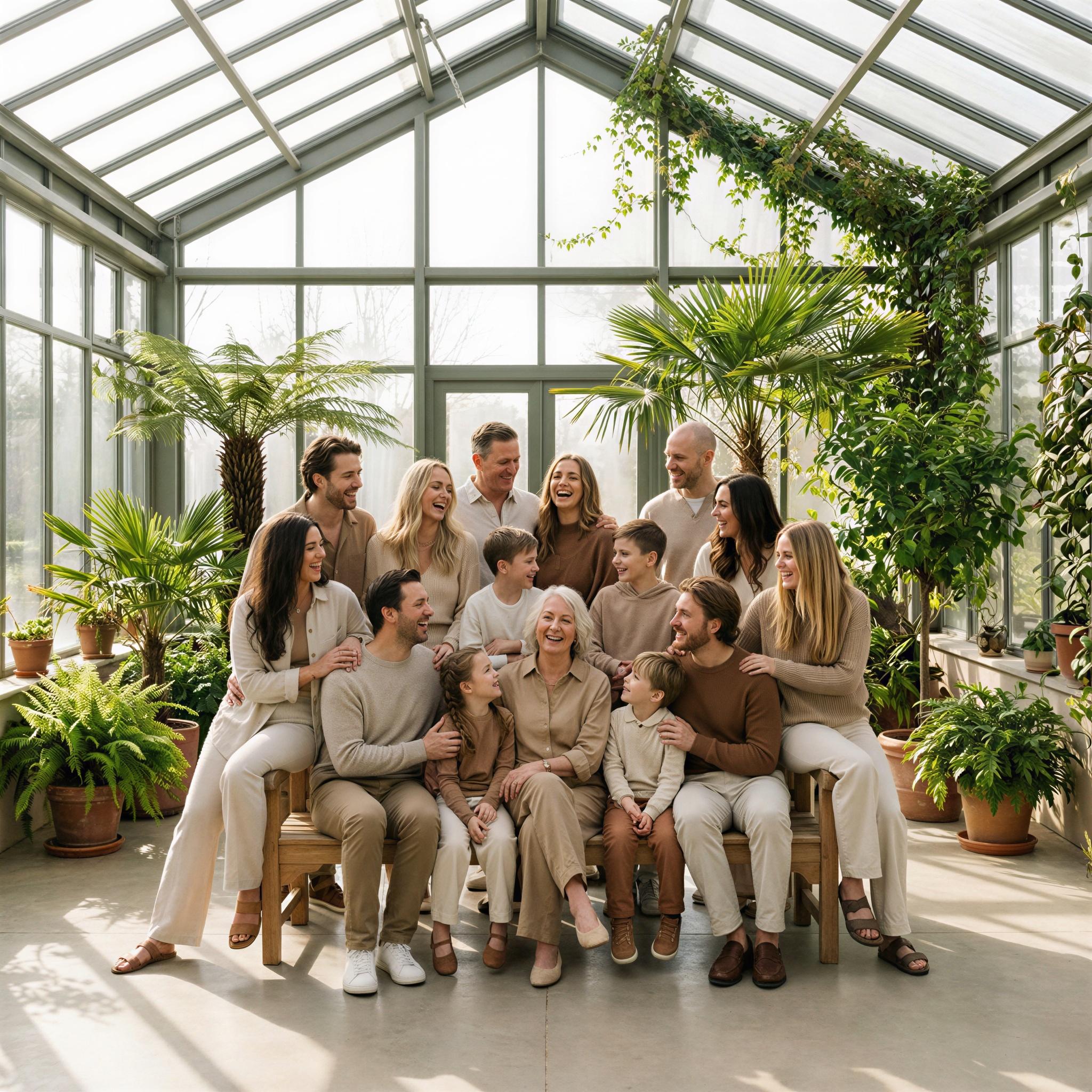 Vogue editorial style, large family group portrait in a sun-drenched modern conservatory, bright diffused natural light creating soft shadows, rich indoor greenery backdrop, conveying deep connection and shared history, relaxed yet coordinated attire, candid joyful interactions, wide angle editorial composition, high-resolution lifestyle photography