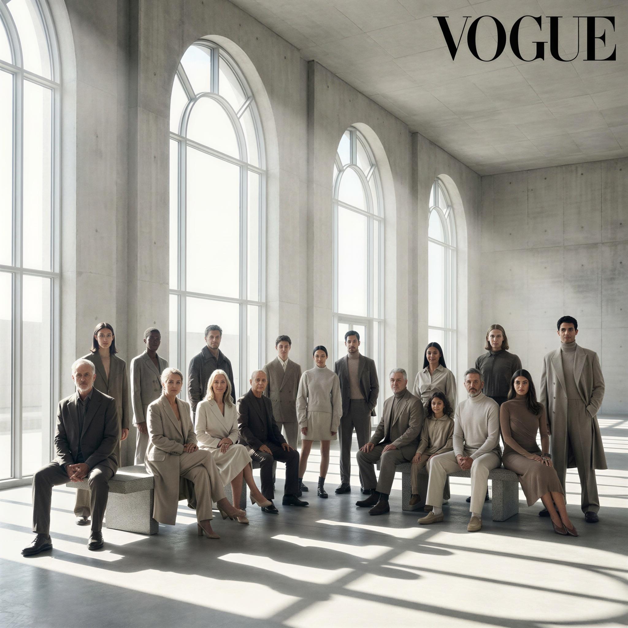 Vogue editorial style, large family group gathered in a grand sunlit architectural space, high contrast dramatic shadows, sophisticated contemporary fashion, mood of confident legacy and connection, wide-angle composition capturing scale and interaction, crisp detail, magazine quality heirloom portraiture