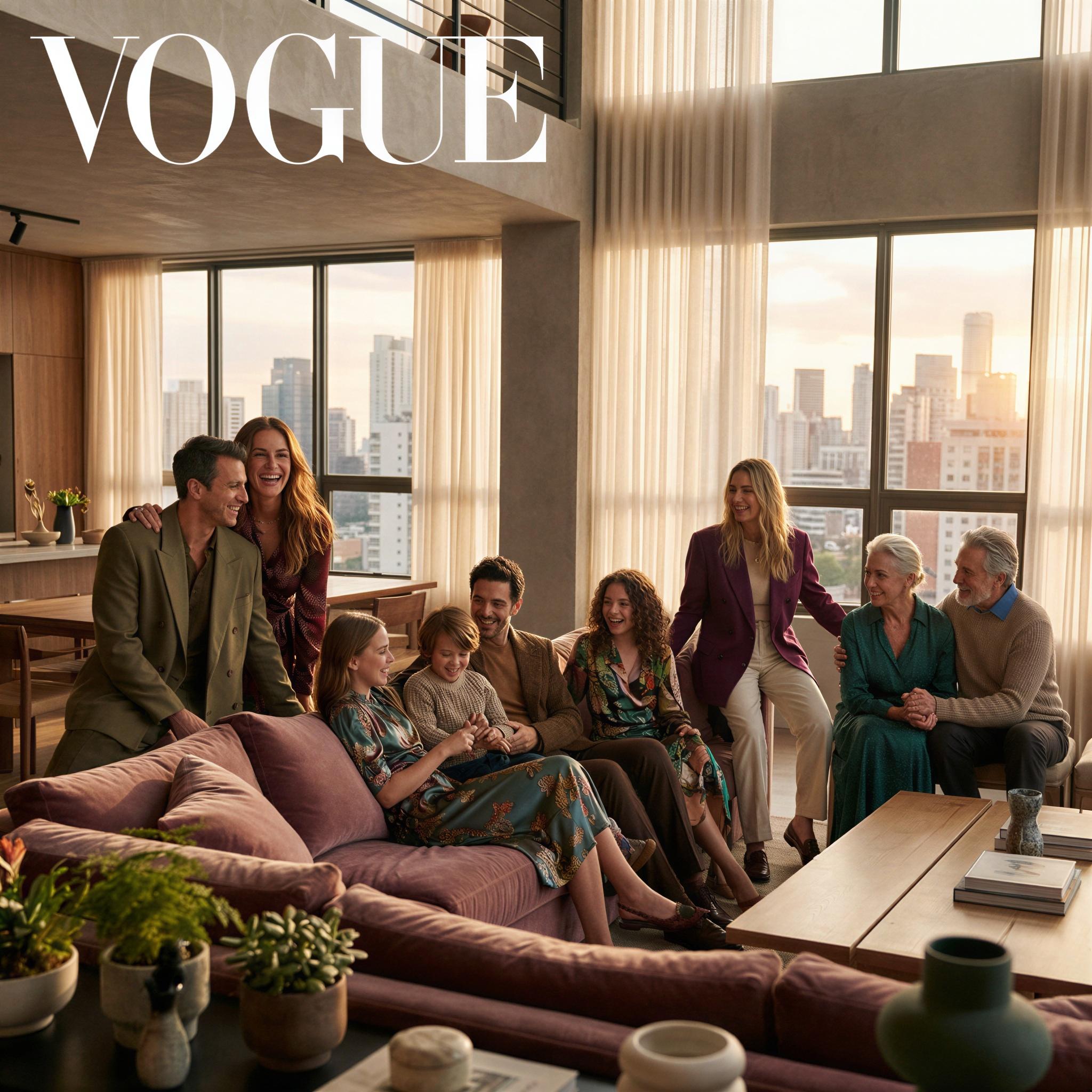 Vogue editorial style family reunion portrait, sun-drenched modern loft with expansive city views, high-key soft natural light illuminating varied textures, confident joyful grouping, vibrant color palette, candid yet posed interaction, sophisticated casual attire, layered depth of field, contemporary magazine aesthetic
