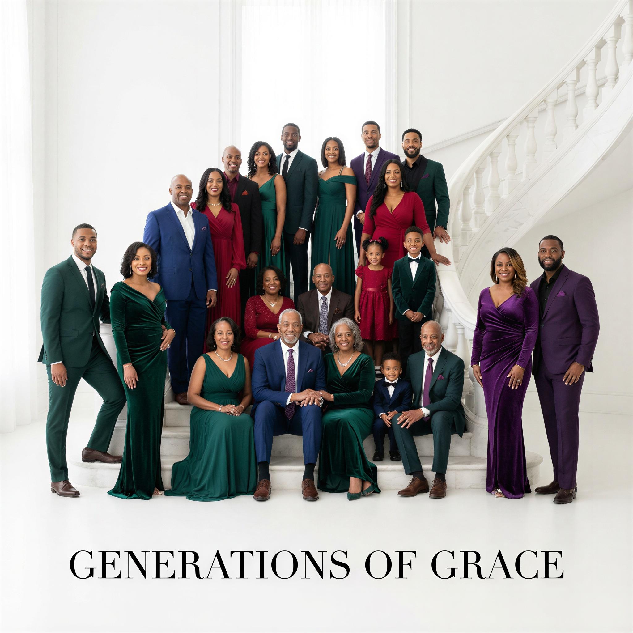 Vogue editorial style, large extended family group standing on grand marble staircase, high-key studio lighting creating bright, airy feel, coordinated rich jewel-toned attire, atmosphere of proud connection and heritage, formal yet warm composition, sense of collective legacy, ultra-detailed, fashion editorial quality