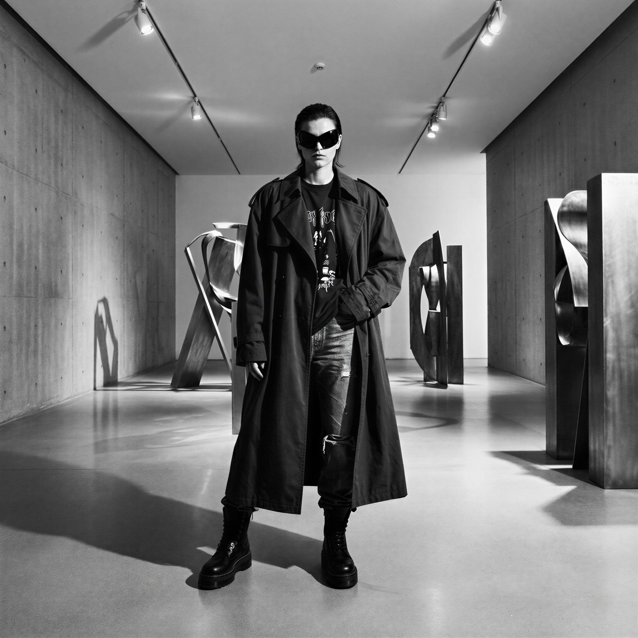Vogue editorial style lookbook shot, single subject showcasing modern streetwear in minimalist art gallery setting, sharp directional gallery track lighting creating graphic shadows, confident and edgy mood, high contrast composition, abstract modern sculptures, clean concrete environment, high-fashion street style photography