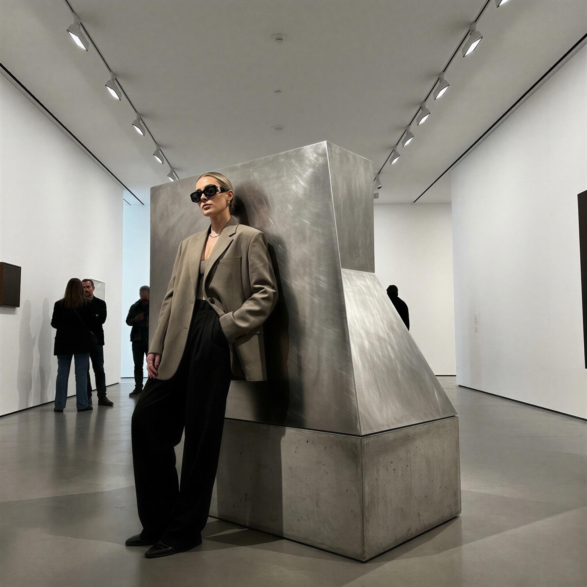 Vogue editorial style, influencer aesthetic, minimalist modern art gallery setting, sharp directional track lighting highlighting textures, confident stylish pose against bold abstract sculpture, cool sophisticated metropolitan atmosphere, high fashion street style focus, crisp clean composition, ultra-high-resolution editorial photography
