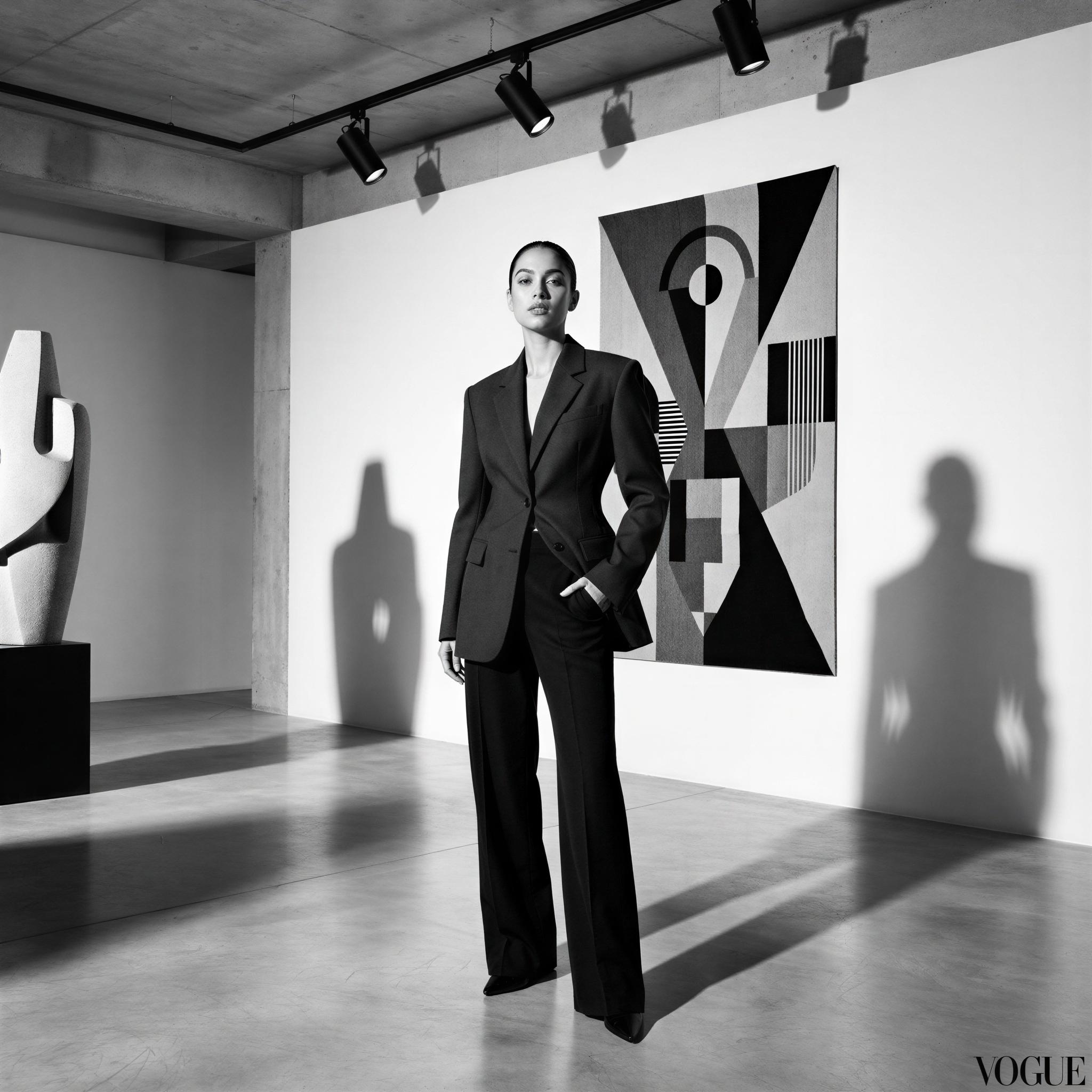 Vogue editorial style, single influencer posing confidently within a modern minimalist art gallery, sharp overhead directional studio lighting creating graphic shadows, contemporary avant-garde backdrop, feeling of exclusive access and confident success, high-contrast framing, fashion-forward aesthetic, ultra-high resolution photography