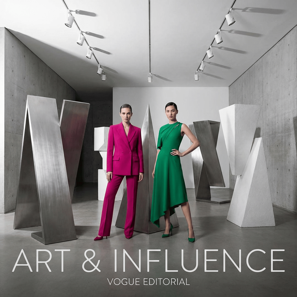 Vogue editorial style, influencer fashion shoot within stark white modern art gallery, dramatic overhead track lighting highlighting geometric sculptures, confident powerful stances, minimalist elegant aesthetic, high contrast composition, vibrant contemporary outfits juxtaposed against concrete, sharp focus, magazine quality lookbook photography