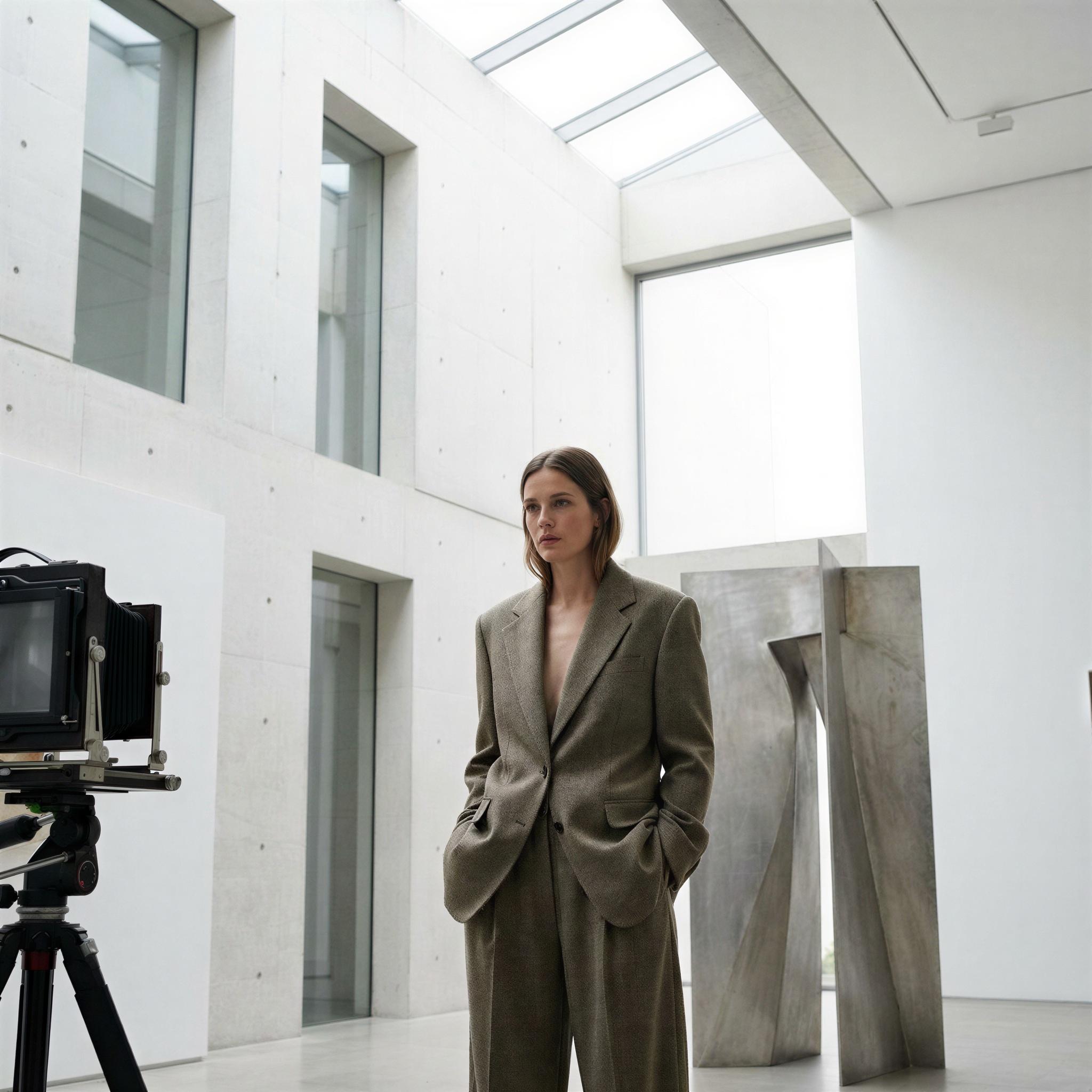 Vogue editorial style, single figure standing confidently within minimalist modern art gallery, bright diffused overhead studio lighting highlighting texture, contemporary architecture, contemplative sophisticated mood, architectural framing emphasizing height, sharp focus, high-fashion influencer aesthetic, clean lines, ultra-detailed visual quality