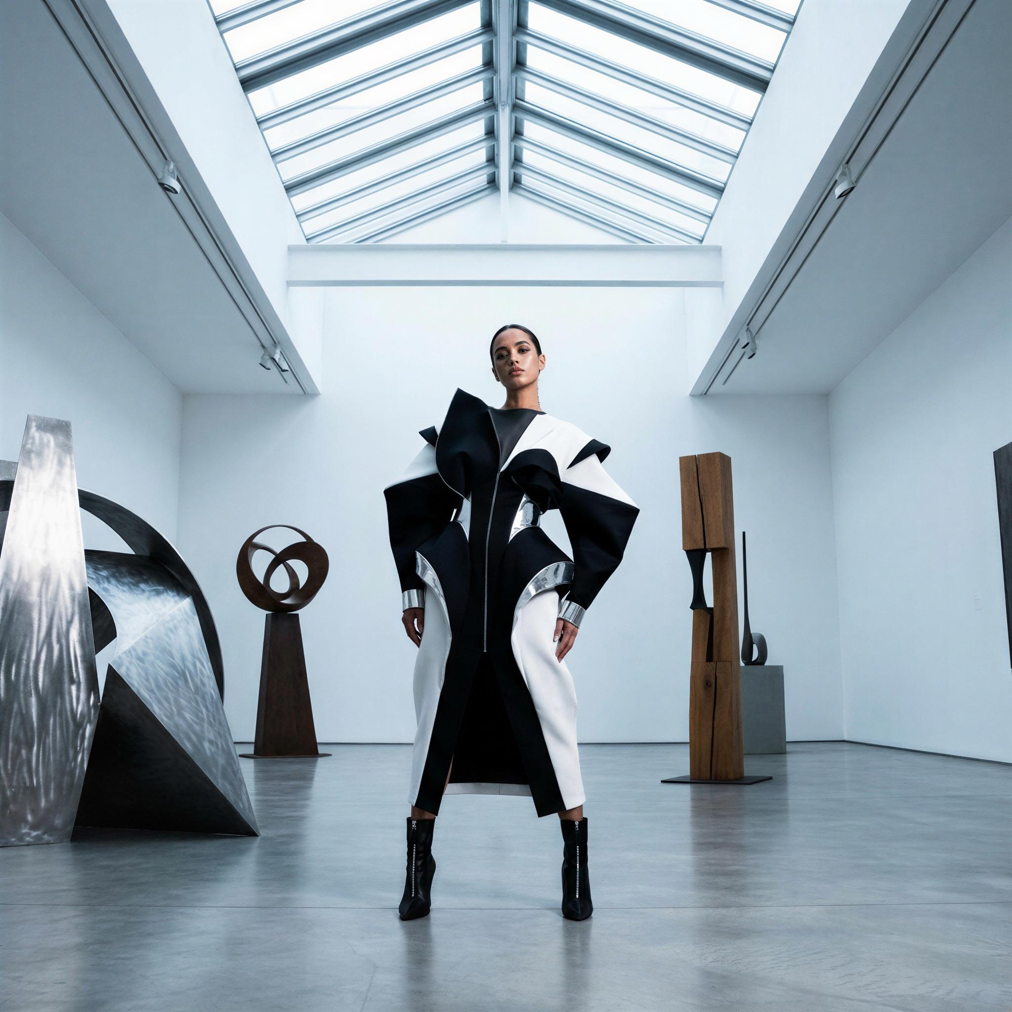Vogue editorial style, single person showcasing avant-garde fashion within a minimalist modern art gallery, bright diffused northern light streaming through skylights, confident sophisticated stance, high contrast, polished concrete floors, intriguing abstract sculptures as background elements, contemporary exclusive vibe, sharp focus, high-fashion lookbook quality