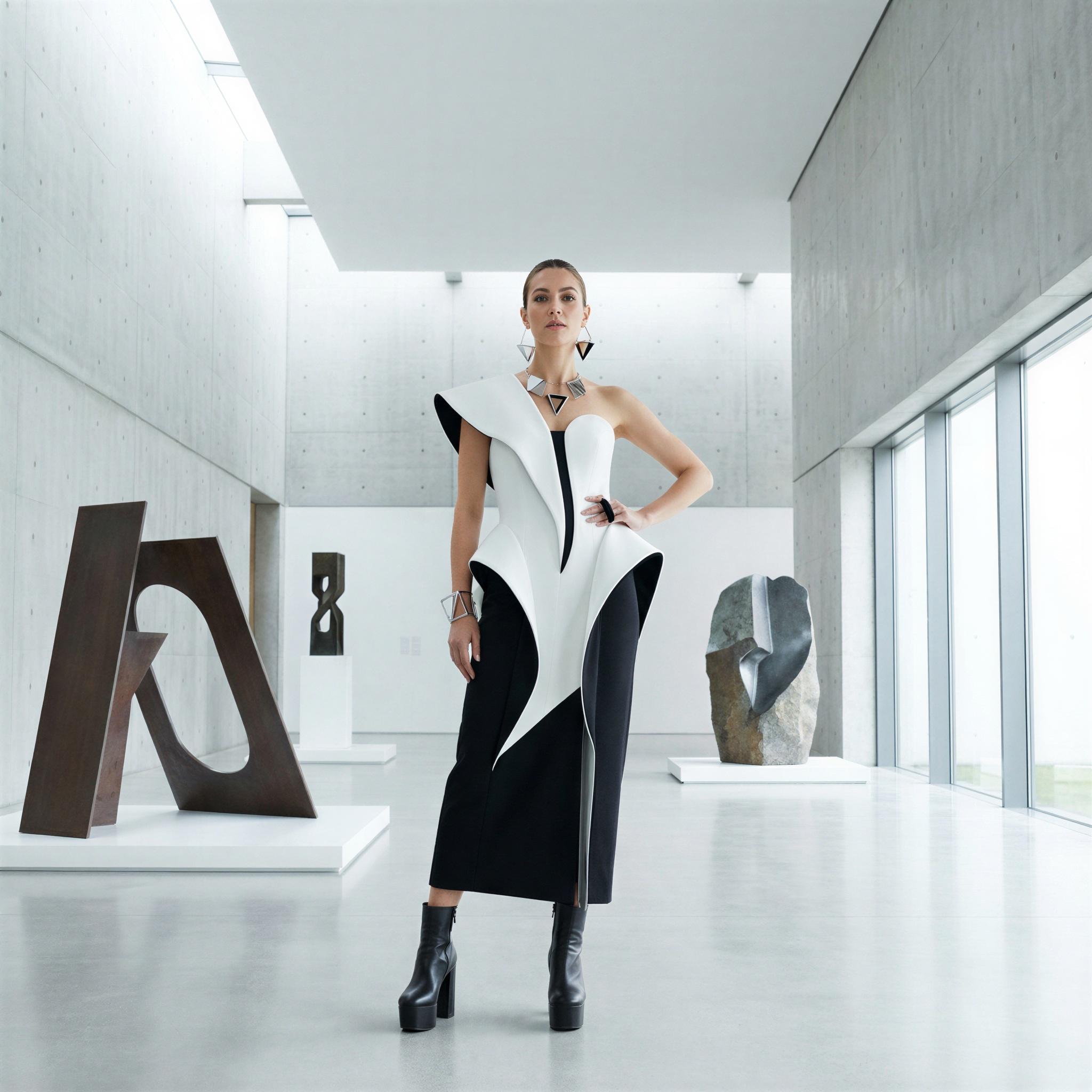 Vogue editorial style, single figure posed within minimalist modern art gallery, high-key crisp studio lighting illuminating abstract sculptures, confident stylish demeanor, clean architectural lines, exclusive atmosphere, avant-garde fashion look, striking composition, high resolution fashion photography