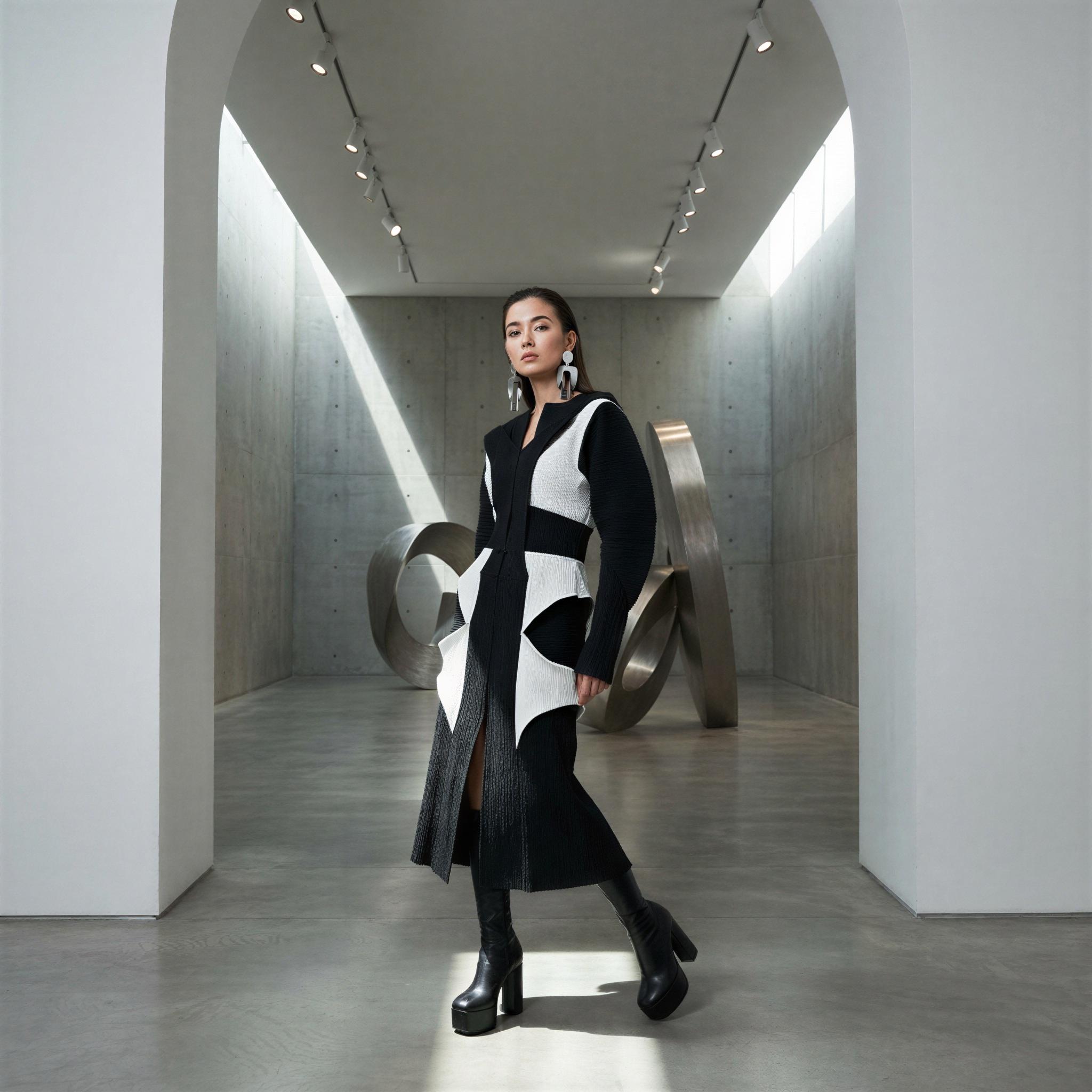 Vogue editorial style, single fashion muse within minimalist modern art gallery, strong directional gallery track lighting creating sharp contrasts, confident sophisticated posture, high-fashion avant-garde look, clean architectural lines, cool concrete textures, aspirational mood, sharp focus, ultra-high resolution lookbook photography