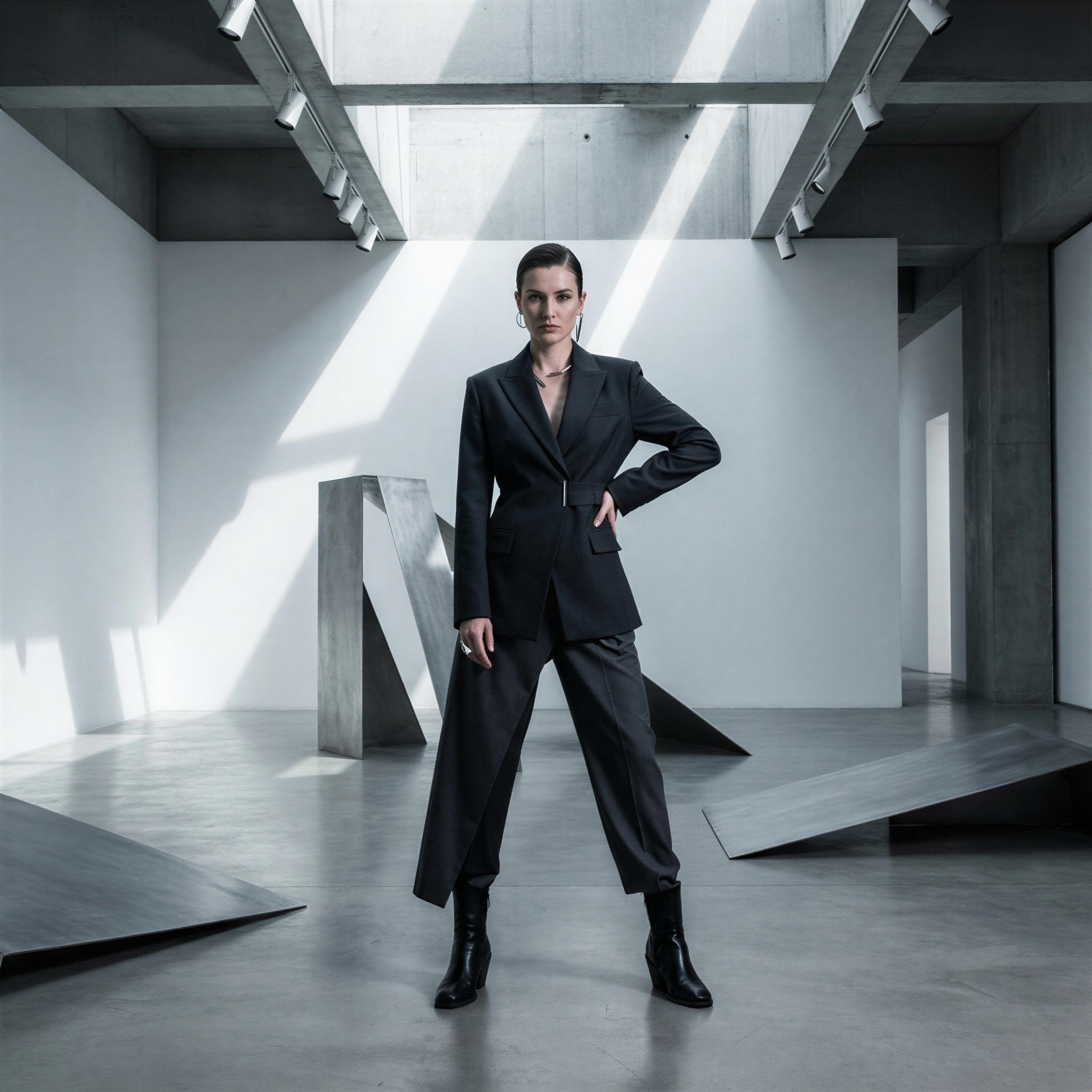 Vogue editorial style, single fashion subject in minimalist modern art gallery, dramatic directional overhead track lighting highlighting sharp shadows, confident powerful pose, contemporary high fashion attire, sophisticated cool atmosphere, architectural composition, high-contrast, sharp focus editorial photography