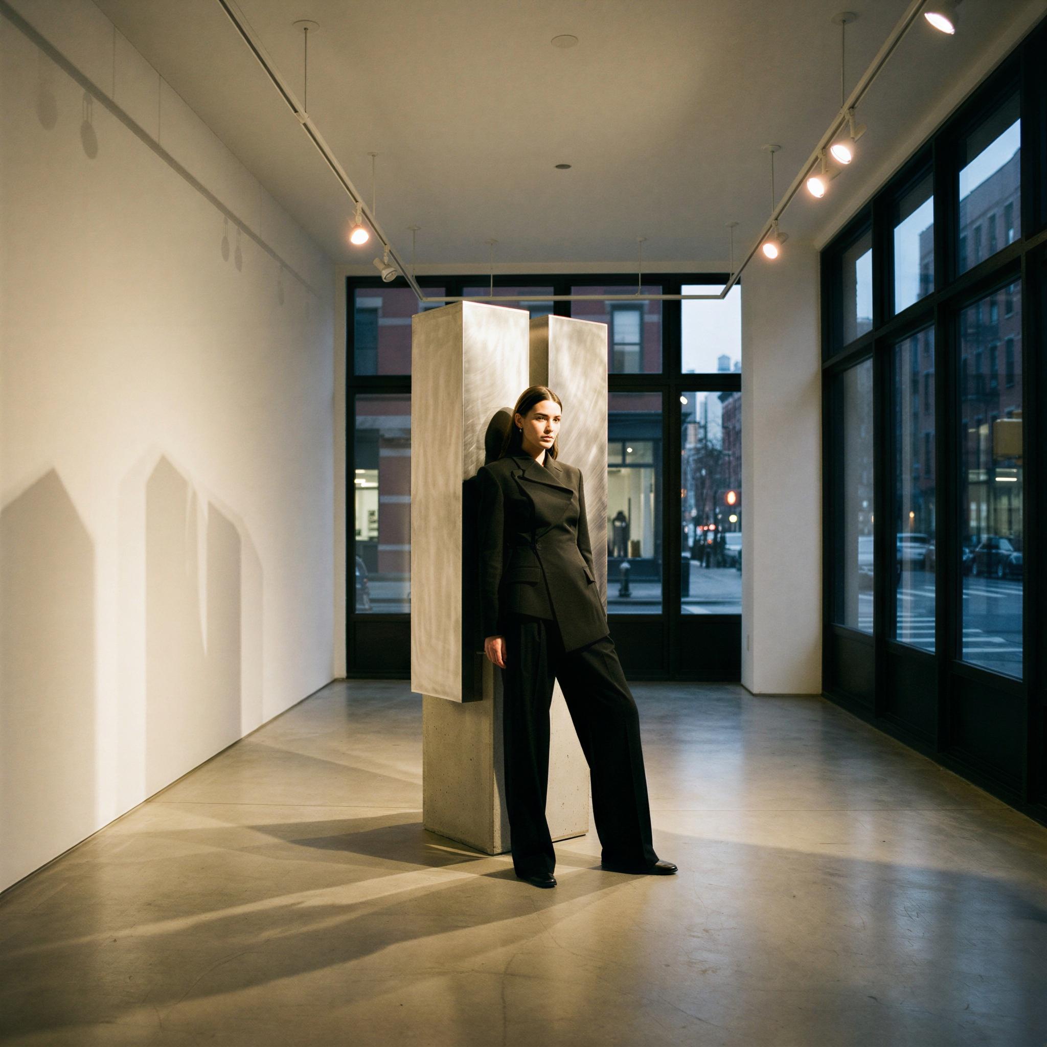 Vogue editorial style shoot, single figure posed within a minimalist contemporary art gallery, crisp gallery track lighting creating sharp architectural shadows, confident and avant-garde mood, high contrast styling, focusing on fashion silhouette against abstract sculpture, sophisticated urban setting, clean composition, high-resolution editorial photography