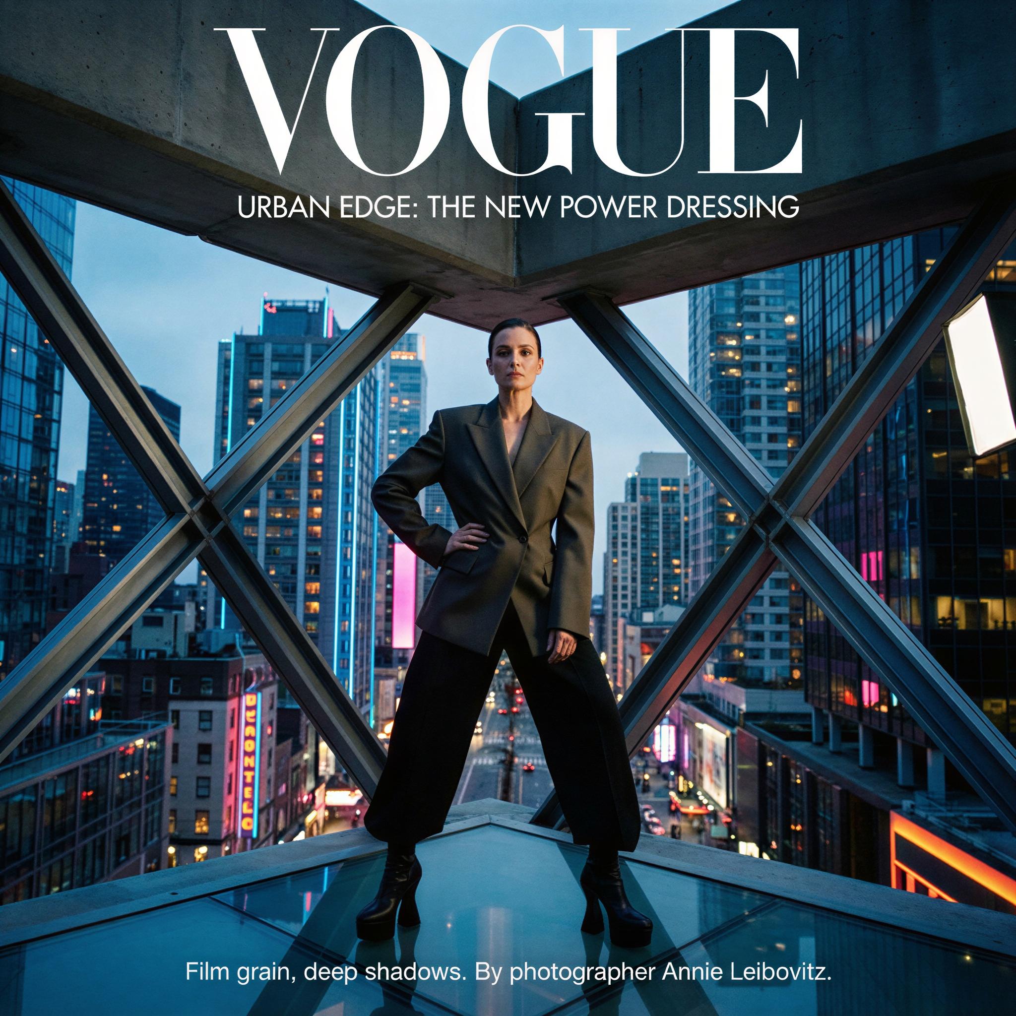 Vogue editorial style, single confident subject on a modern city rooftop at twilight, dramatic neon city glow mixed with soft fill light, architectural lines framing the figure, urban contemporary fashion focus, powerful confident pose, high contrast editorial framing, cinematic photography quality