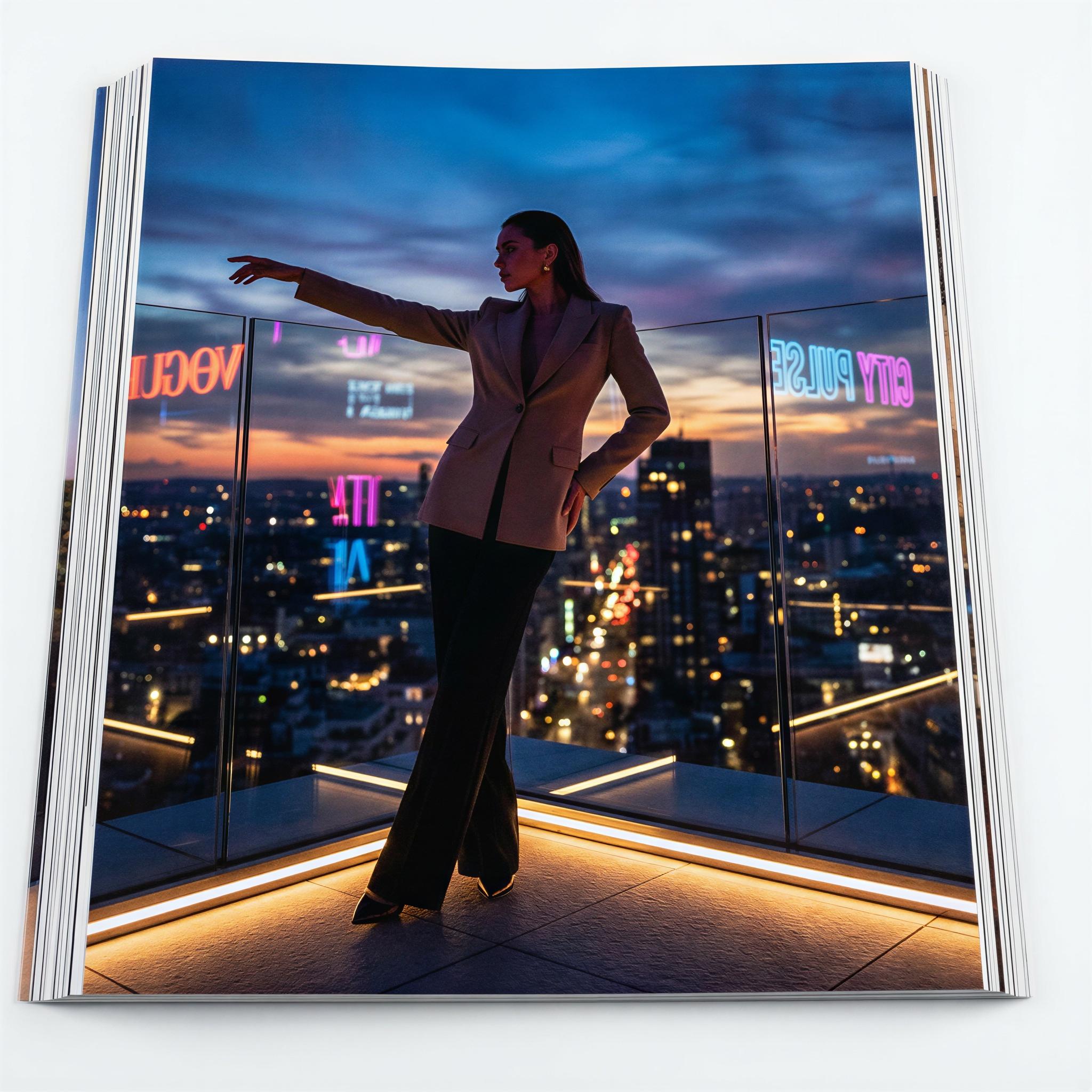Vogue editorial style, solo influencer portrait on modern city rooftop at twilight, crisp neon and skyline ambiance, dramatic backlighting silhouette, confident energetic pose against urban sprawl, high fashion modern aesthetic, dynamic framing, ultra-sharp magazine quality photograph