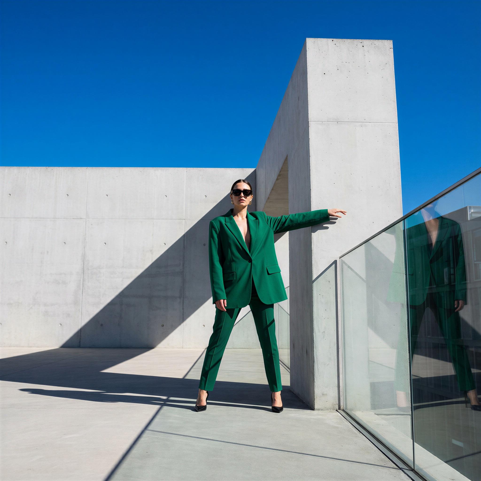 Vogue editorial style, single fashion influencer portrait on a modern city rooftop, sharp midday sun contrasting with deep blue sky, high-contrast lighting creating strong architectural shadows, confident assertive pose, minimalist concrete setting, vibrant energetic mood, asymmetrical framing, ultra-high resolution commercial photography