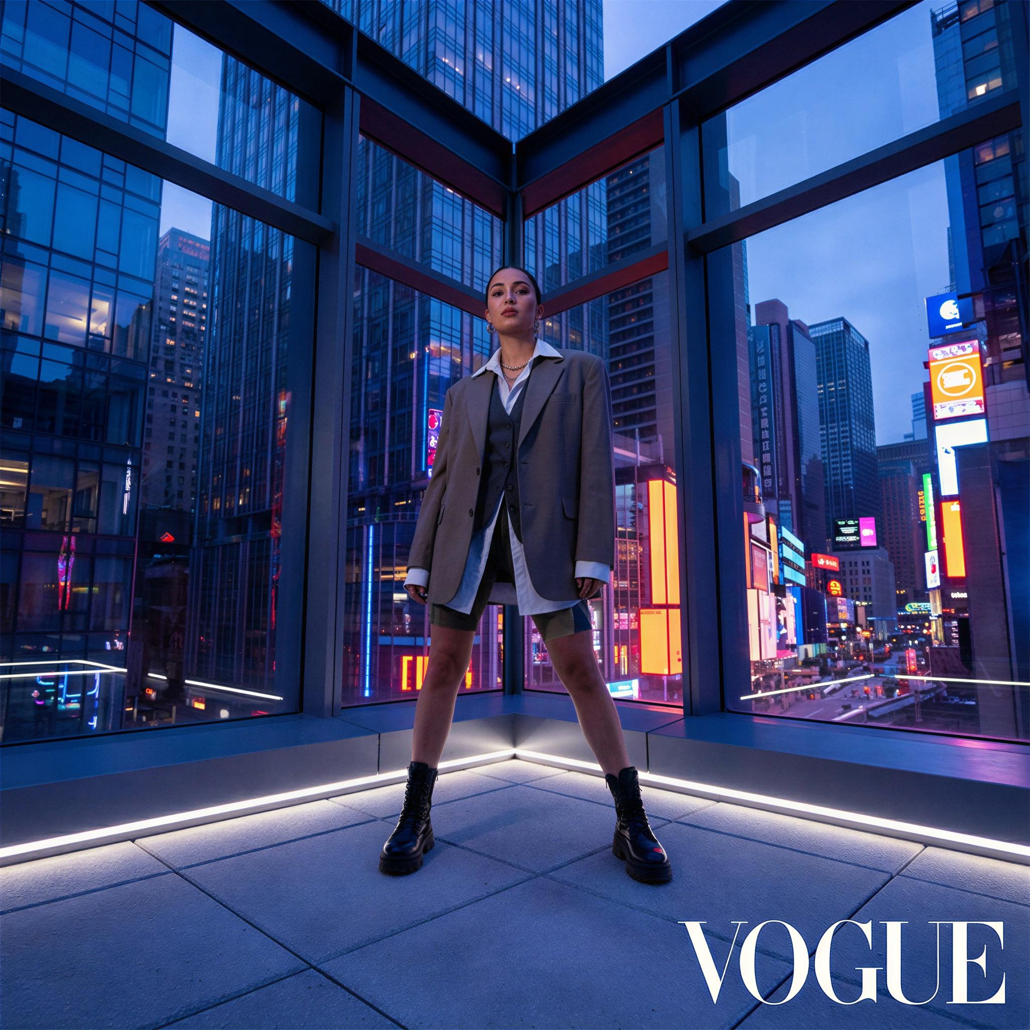 Vogue editorial style, single influencer posing confidently on a modern city rooftop at twilight, dramatic urban skyline backdrop, sharp architectural lines, cool ambient lighting transitioning to neon glow, powerful commanding presence, high-fashion street style, dynamic low-angle composition, ultra-high resolution professional lookbook photo