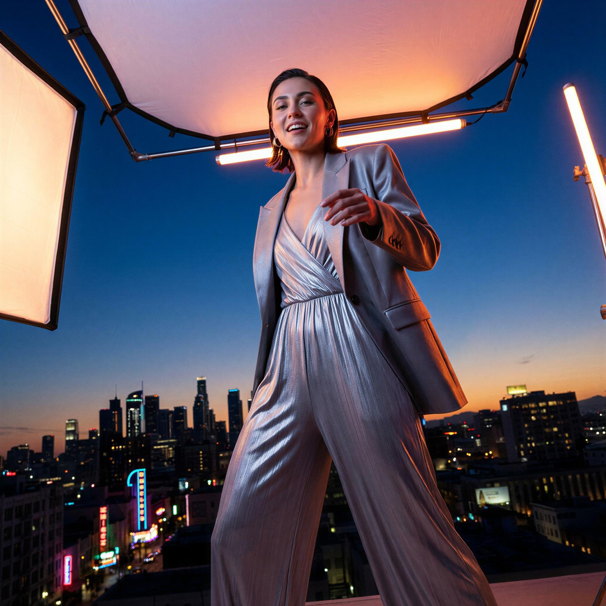 Vogue editorial style, single influencer portrait on a modern city rooftop at dusk, ambient neon glow mixed with soft studio fill light, confident energetic mood, high-fashion urban backdrop, dynamic angle, crisp focus, modern minimalist styling, breathtaking skyline view, high-contrast editorial quality