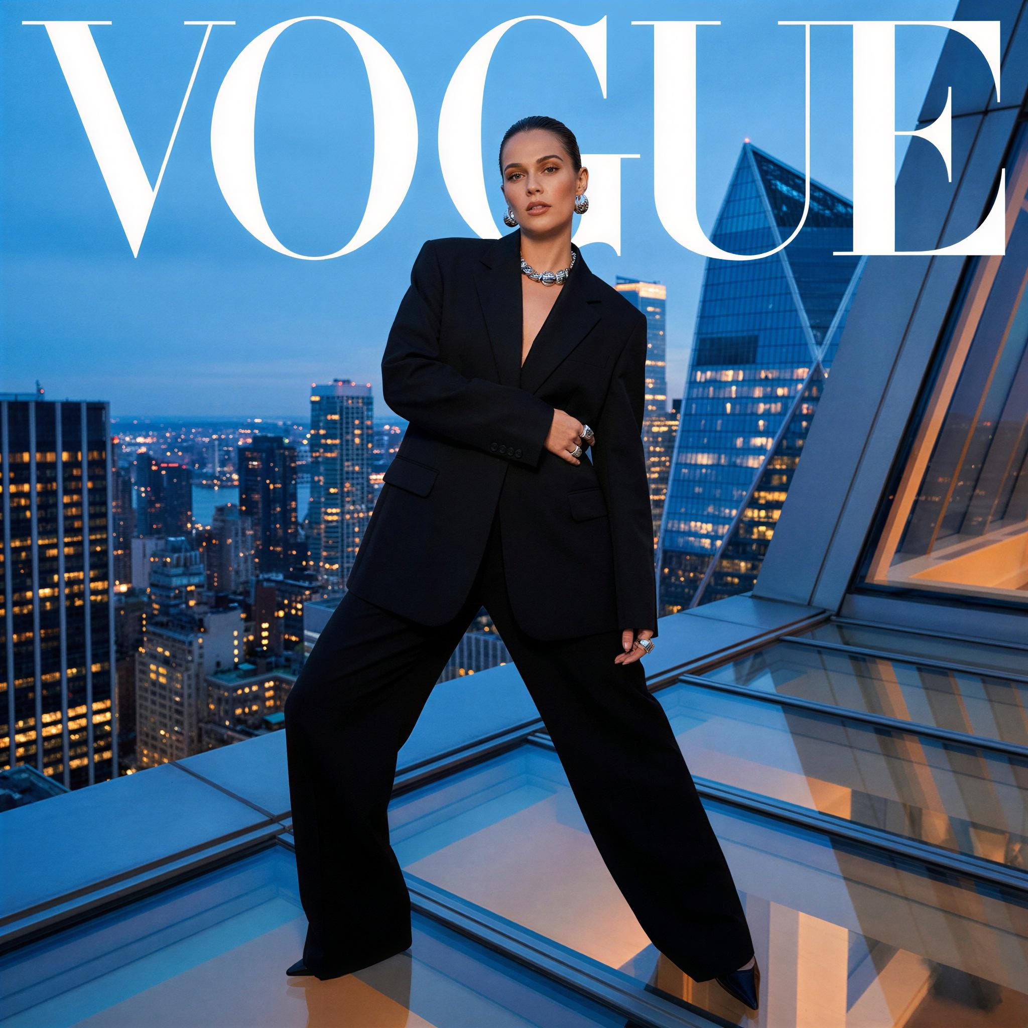 Vogue editorial style, single modern influencer pose on a sleek skyscraper rooftop at blue hour, sharp architectural lines, cool urban ambient light contrasted with soft fill flash, confident and aspirational mood, minimalist fashion focus, wide angle composition capturing city depth, high contrast professional photography