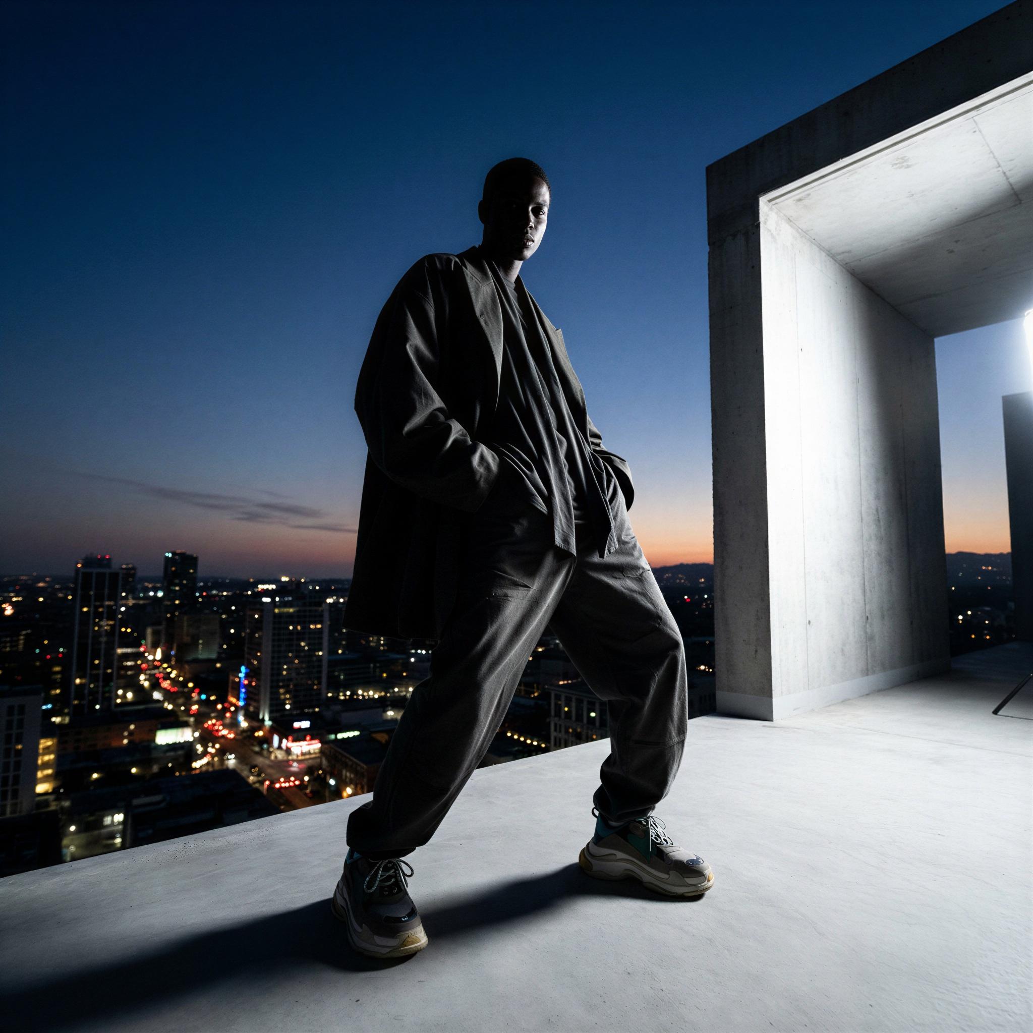 Vogue editorial style influencer shoot, modern urban rooftop setting at dusk, high-contrast dramatic studio lighting accentuating silhouette, high-fashion confident stance, minimalist concrete architecture background, energetic metropolitan mood, wide-angle dynamic composition, sharp focus, luxury streetwear lookbook photography