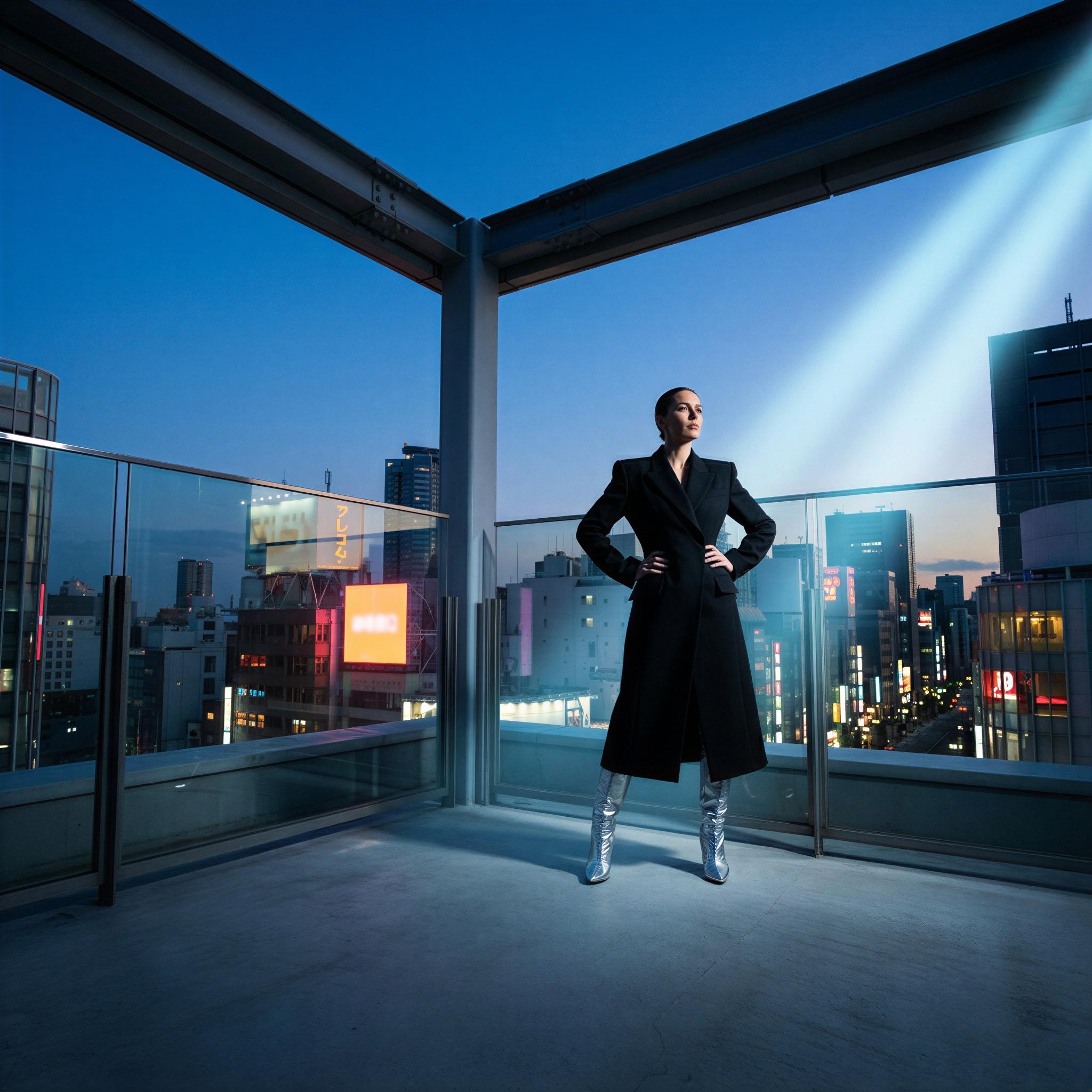 Vogue editorial style, single figure commanding a modern city rooftop at twilight, neon glow from skyline mixing with dramatic key lighting, confident and powerful stance, architectural lines framing the subject, urban luxury and high fashion mood, wide angle shot, ultra-sharp detail, high-contrast professional image