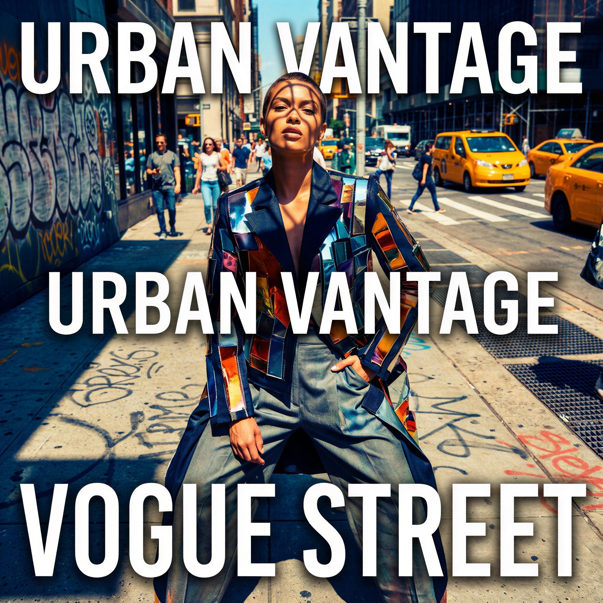 Vogue editorial style, single subject fashion lookbook, vibrant urban street style setting, strong directional midday sunlight creating sharp graphic shadows, confident powerful stance, avant-garde contemporary clothing, dynamic low-angle composition, high-contrast color grading, energetic metropolitan mood, professional street photography aesthetics